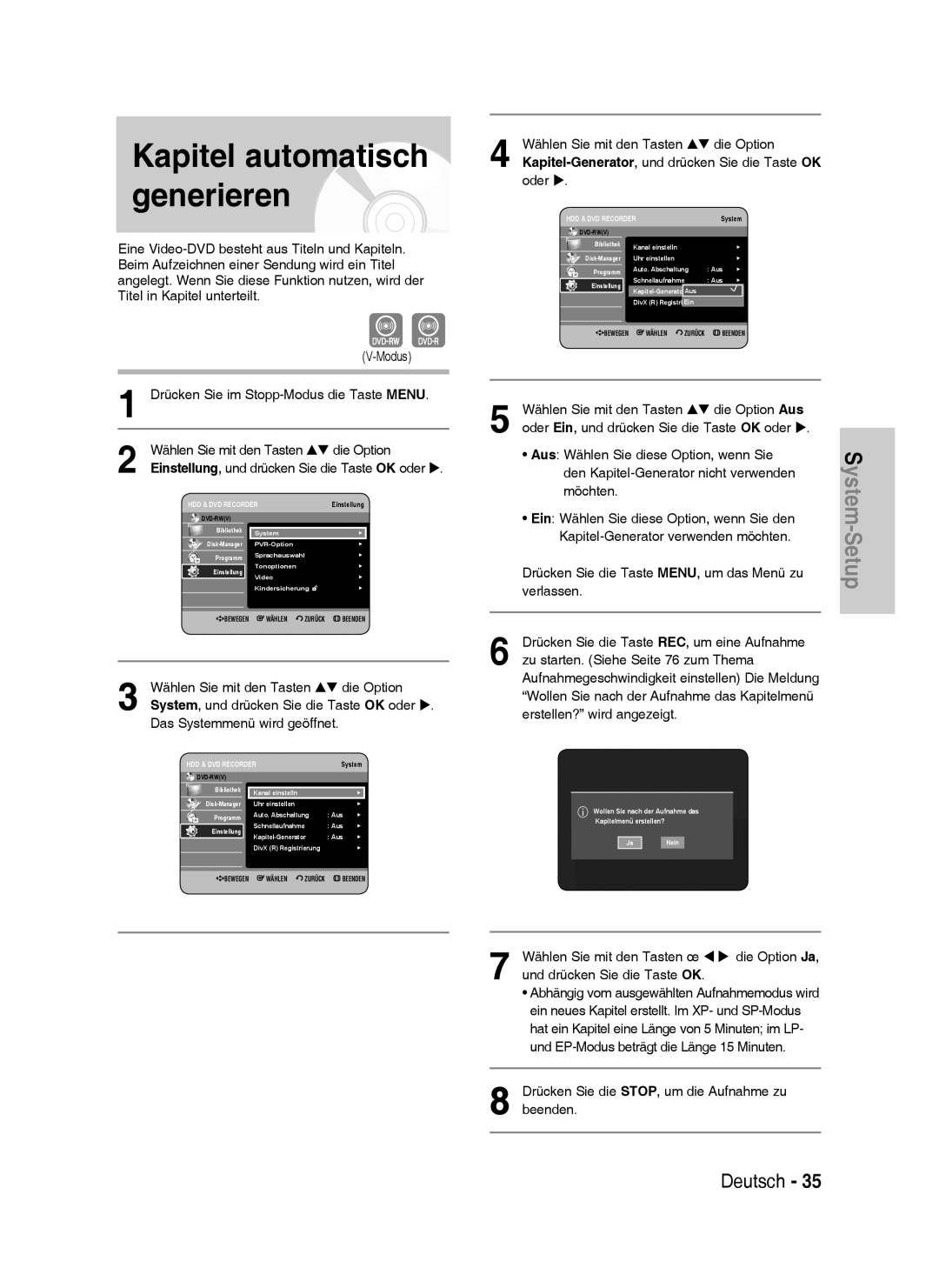 Samsung DVD-HR737/XEB, DVD-HR735/XEG, DVD-HR737/XEG Kapitel automatisch generieren, Wählen Sie mit den Tasten Die Option 