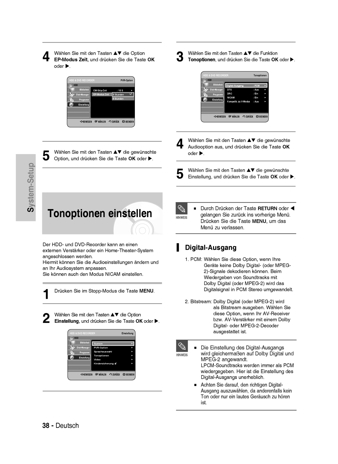 Samsung DVD-HR735/XEB, DVD-HR735/XEG manual Tonoptionen einstellen, Digital-Ausgang, Wählen Sie mit den Tasten Die Option 