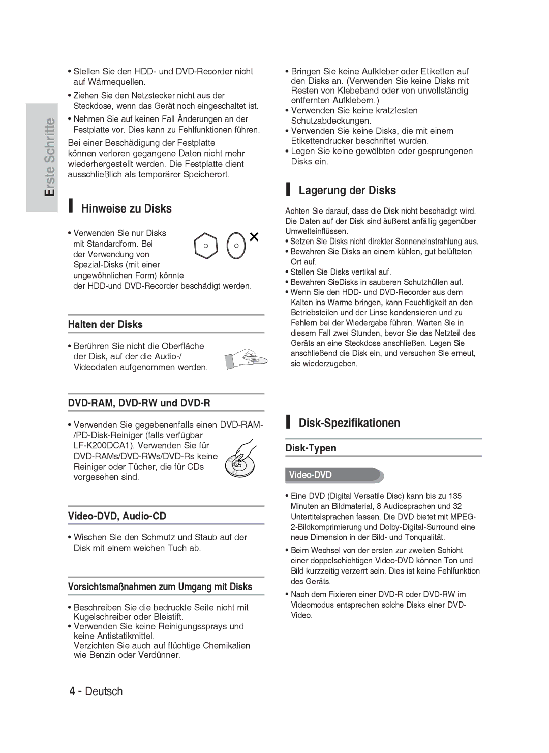 Samsung DVD-HR735/XEG, DVD-HR737/XEG, DVD-HR735/XEB manual Hinweise zu Disks, Lagerung der Disks, Disk-Spezifikationen 