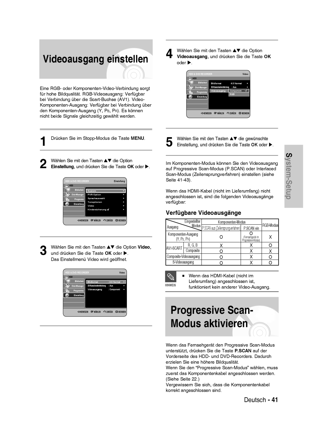 Samsung DVD-HR737/XEG manual Videoausgang einstellen, Verfügbare Videoausgänge, Wählen Sie mit den Tasten die Option Video 