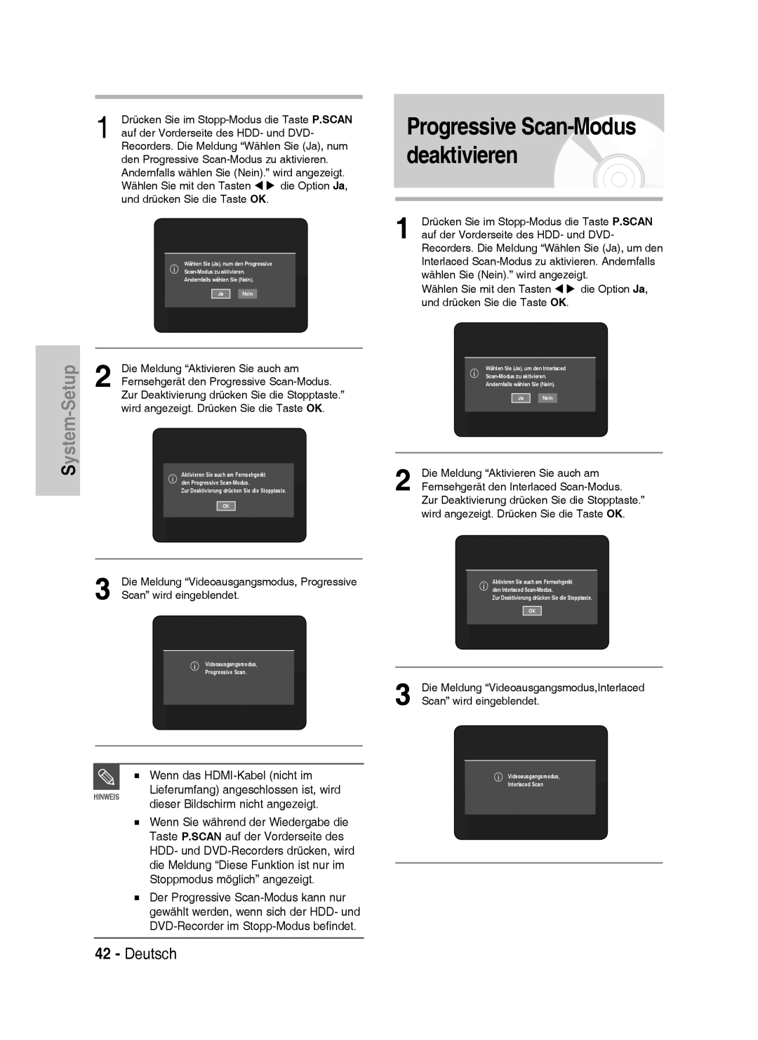 Samsung DVD-HR735/XEB, DVD-HR735/XEG, DVD-HR737/XEG manual Wenn das HDMI-Kabel nicht im, Die Meldung Aktivieren Sie auch am 