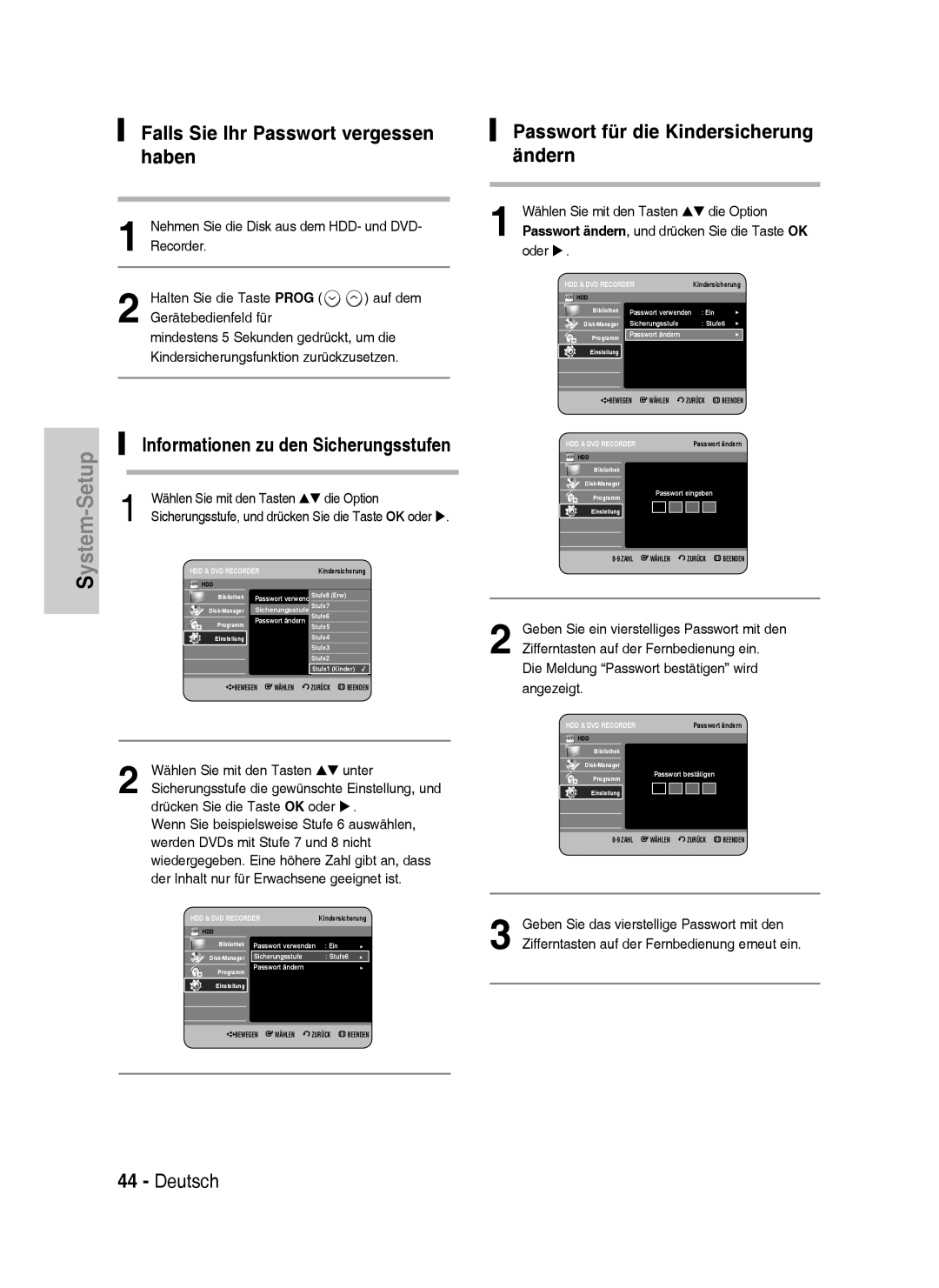 Samsung DVD-HR735/XEG, DVD-HR737/XEG manual Falls Sie Ihr Passwort vergessen haben, Passwort für die Kindersicherung ändern 