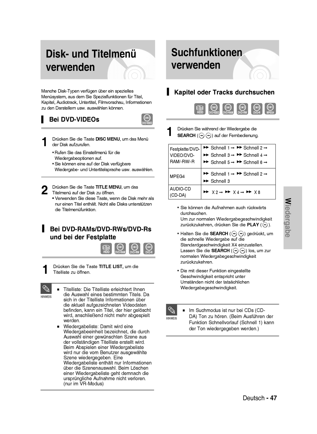 Samsung DVD-HR737/XEB, DVD-HR735/XEG, DVD-HR737/XEG Disk- und Titelmenü verwenden, Suchfunktionen verwenden, Bei DVD-VIDEOs 