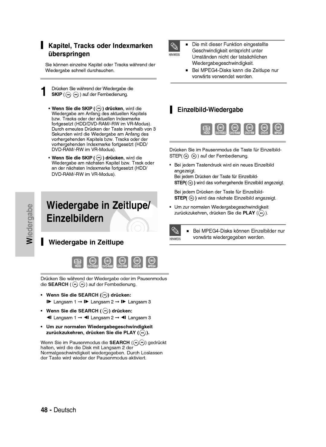 Samsung DVD-HR735/XEG, DVD-HR737/XEG manual Wiedergabe in Zeitlupe/ Einzelbildern, Überspringen, Einzelbild-Wiedergabe 