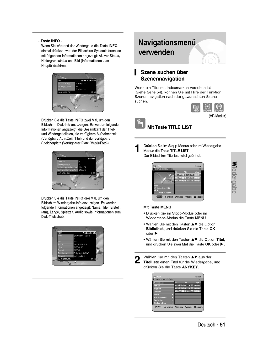 Samsung DVD-HR737/XEB, DVD-HR735/XEG, DVD-HR737/XEG, DVD-HR735/XEB Szene suchen über Szenennavigation, Mit Taste Title List 