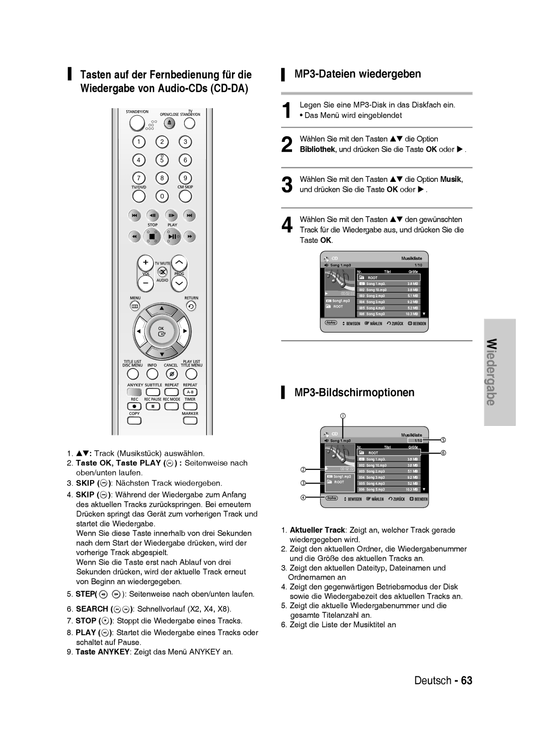 Samsung DVD-HR737/XEB, DVD-HR735/XEG manual MP3-Dateien wiedergeben, MP3-Bildschirmoptionen, Track Musikstück auswählen 