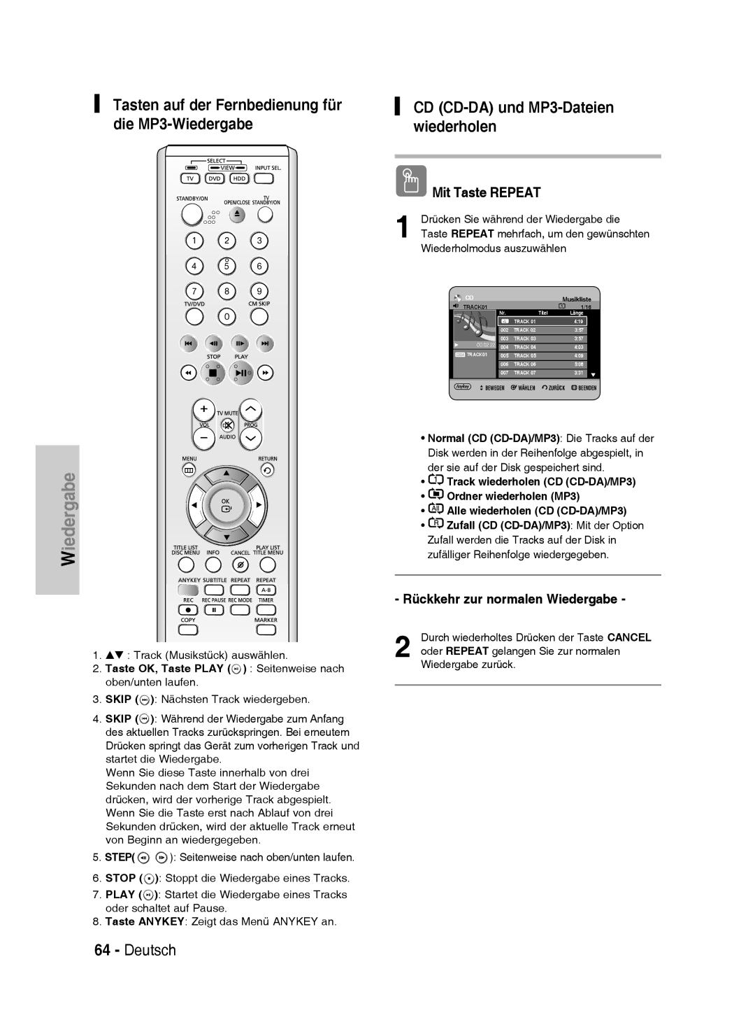 Samsung DVD-HR735/XEG, DVD-HR737/XEG Drücken Sie während der Wiedergabe die, Taste Repeat mehrfach, um den gewünschten 