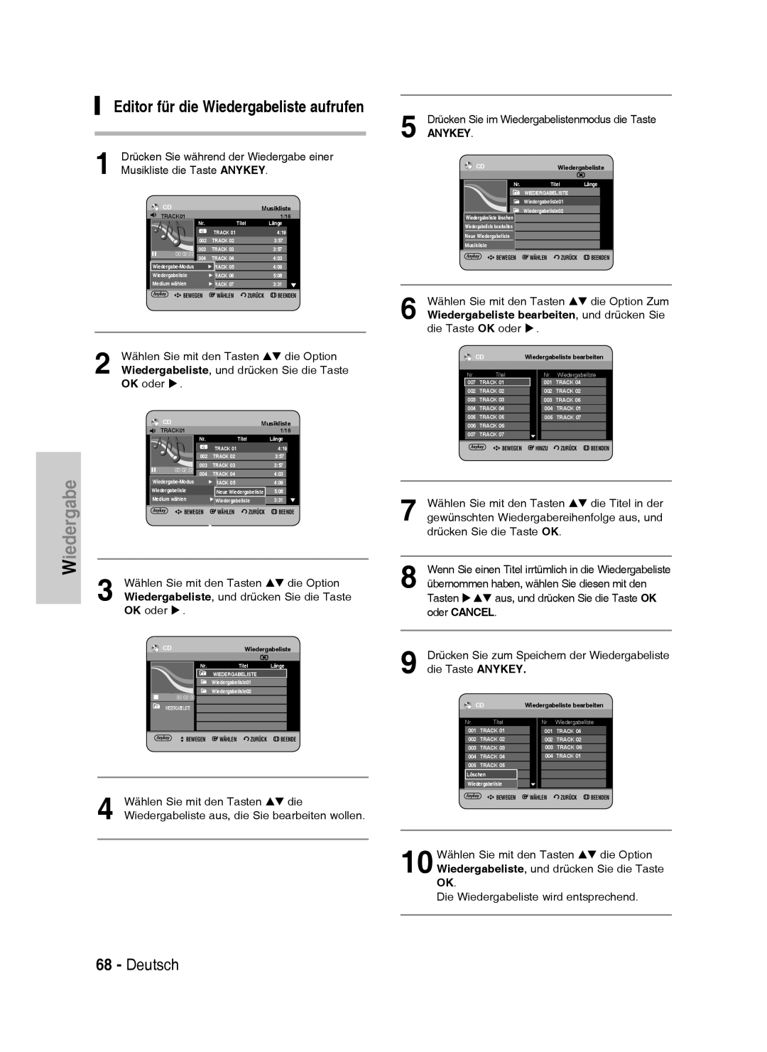 Samsung DVD-HR735/XEG, DVD-HR737/XEG, DVD-HR735/XEB Editor für die Wiedergabeliste aufrufen, Musikliste die Taste Anykey 