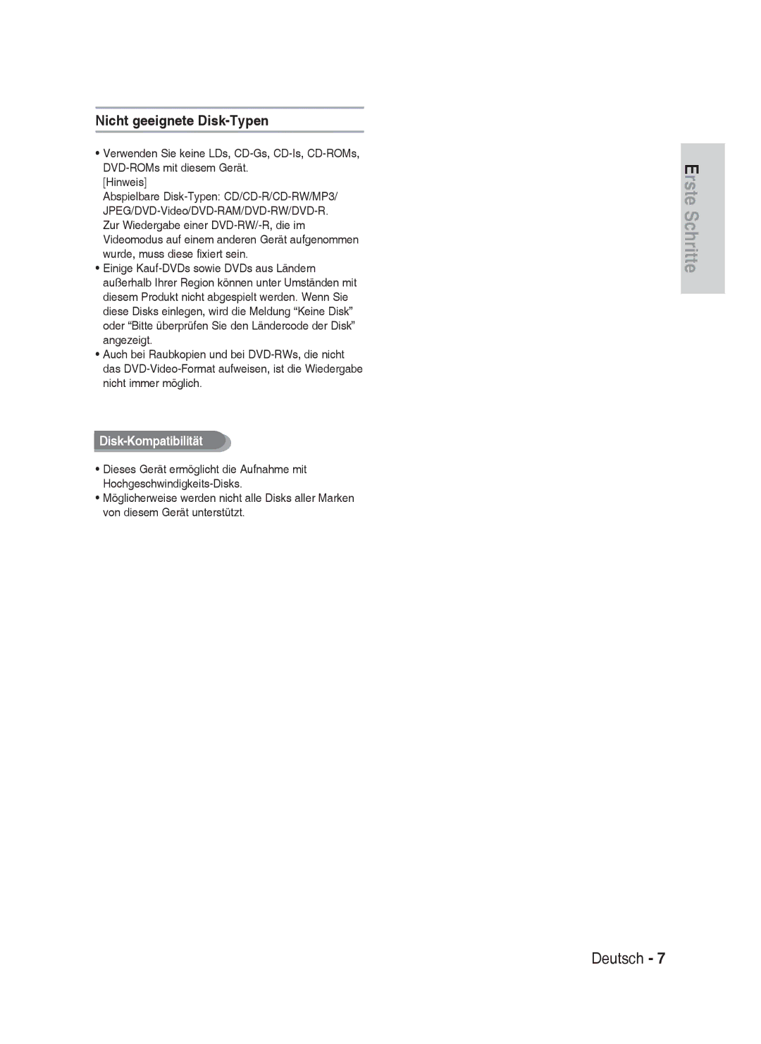 Samsung DVD-HR737/XEB, DVD-HR735/XEG, DVD-HR737/XEG, DVD-HR735/XEB manual Nicht geeignete Disk-Typen, Disk-Kompatibilität 