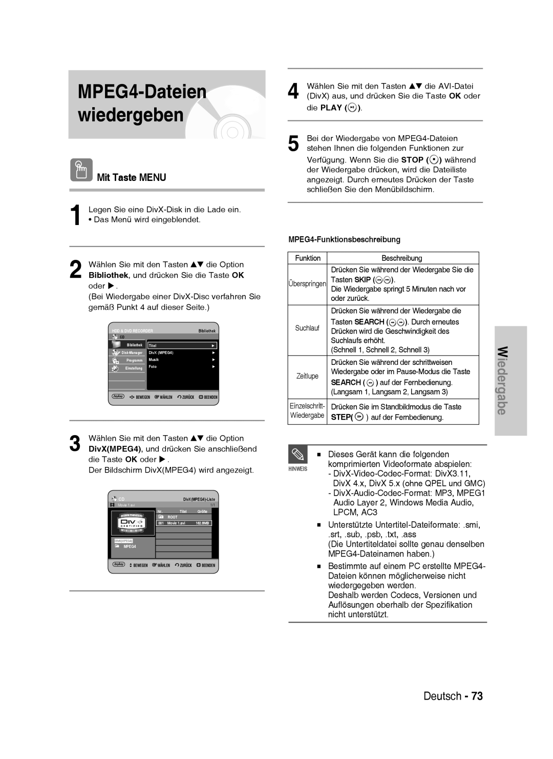 Samsung DVD-HR737/XEG, DVD-HR735/XEG Mit Taste Menu, Dieses Gerät kann die folgenden, Komprimierten Videoformate abspielen 