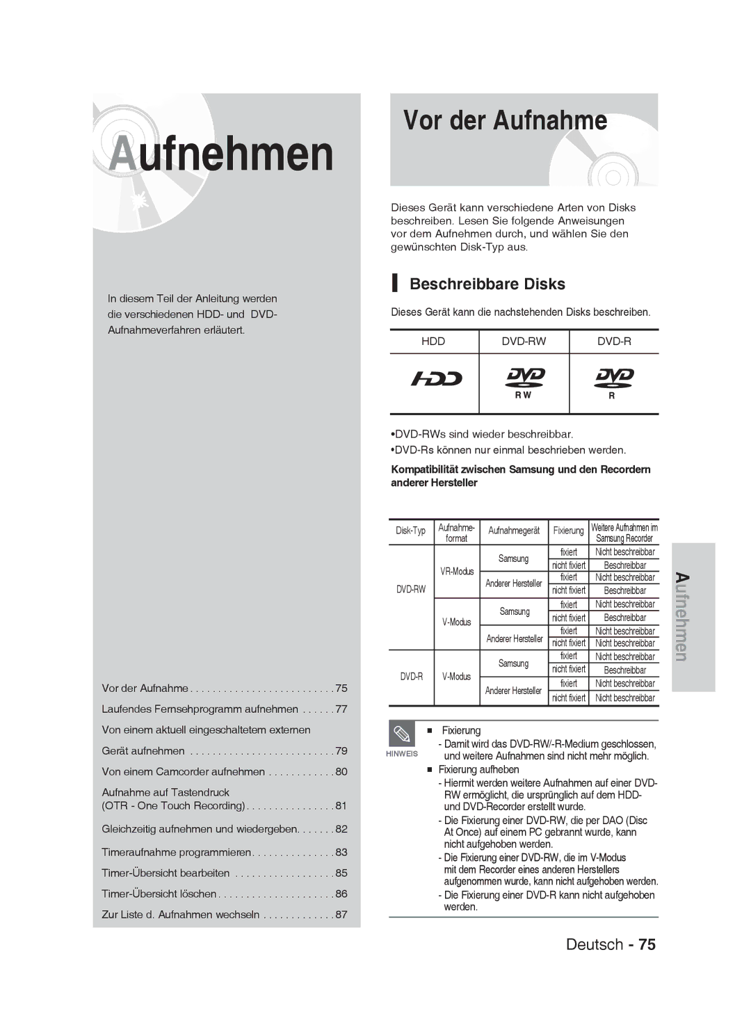 Samsung DVD-HR737/XEB, DVD-HR735/XEG, DVD-HR737/XEG, DVD-HR735/XEB manual Beschreibbare Disks, Hdd Dvd-Rw 