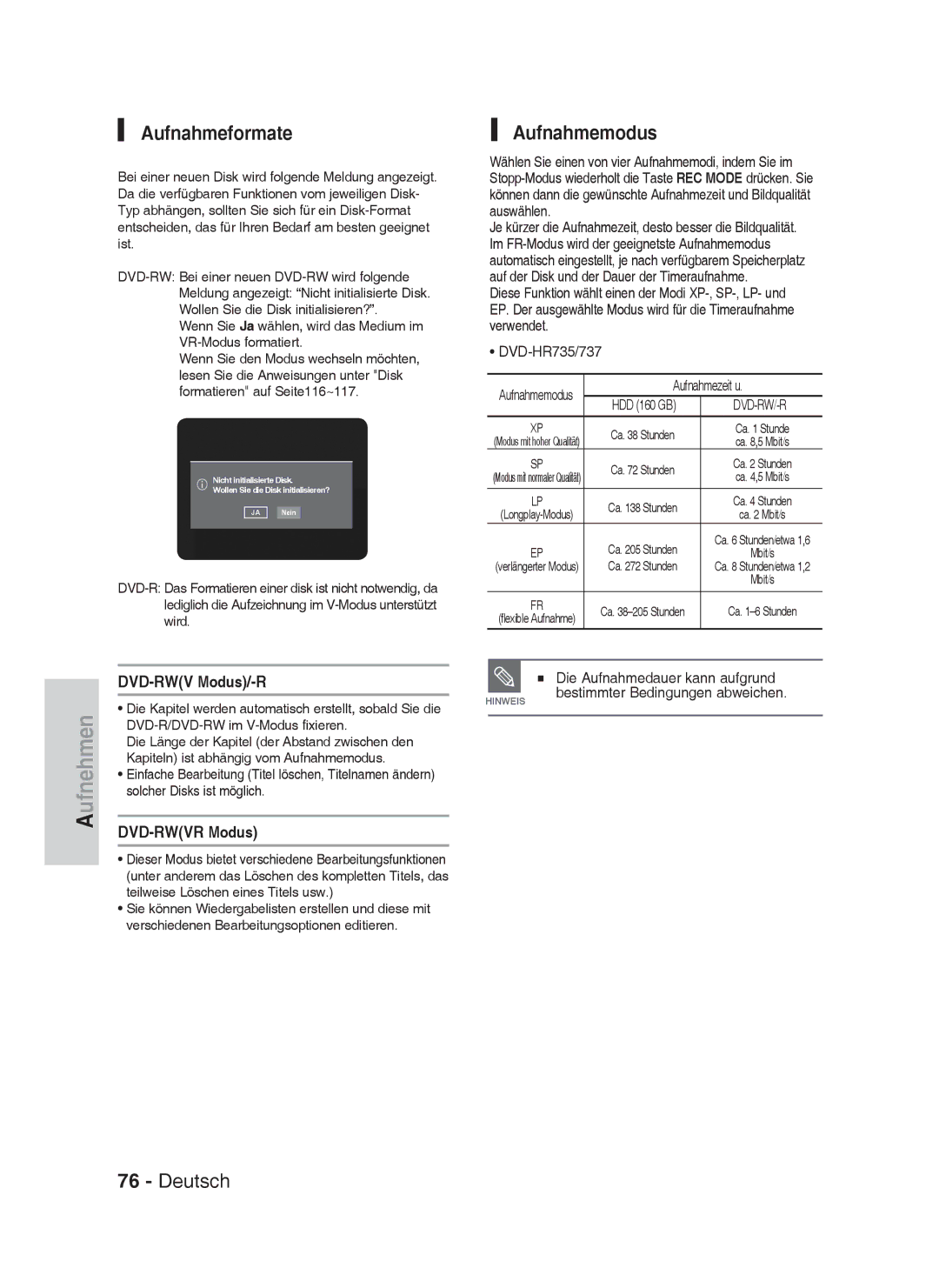 Samsung DVD-HR735/XEG, DVD-HR737/XEG manual Aufnahmeformate, Aufnahmemodus, DVD-RWV Modus/-R, DVD-RWVR Modus, Dvd-Rw/-R 