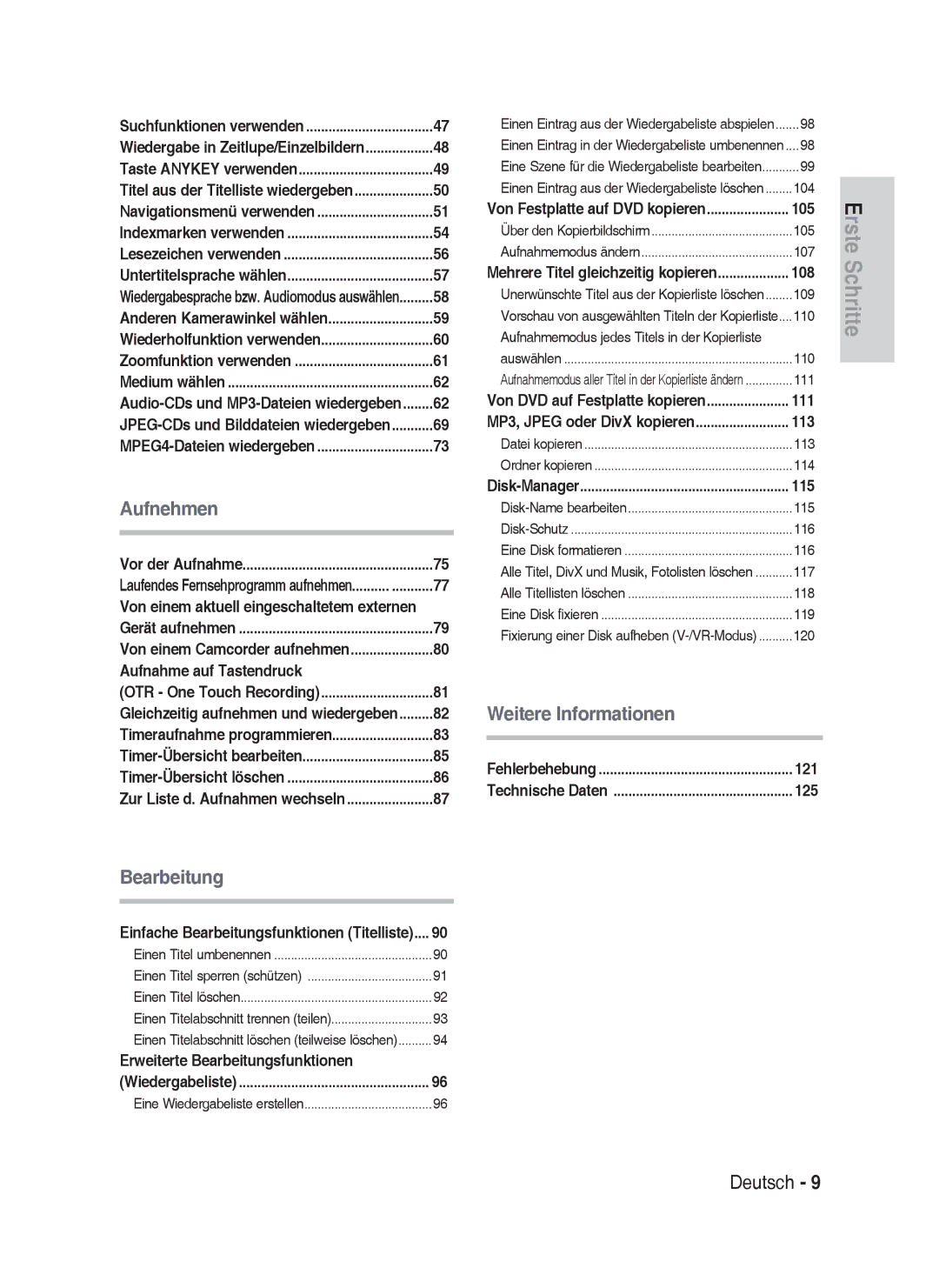 Samsung DVD-HR737/XEG, DVD-HR735/XEG, DVD-HR735/XEB Aufnahme auf Tastendruck, Erweiterte Bearbeitungsfunktionen, 121, 125 