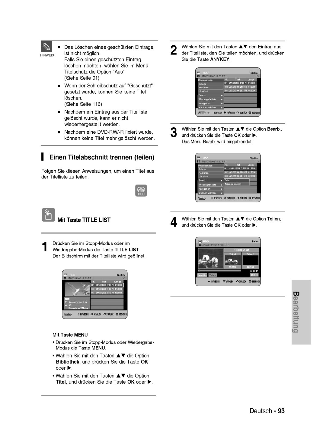 Samsung DVD-HR737/XEG, DVD-HR735/XEG Einen Titelabschnitt trennen teilen, Wählen Sie mit den Tasten ST den Eintrag aus 