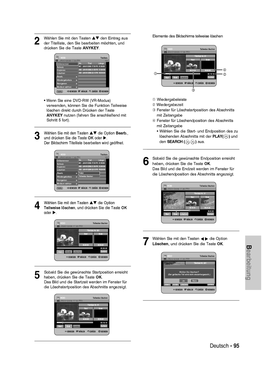 Samsung DVD-HR737/XEB, DVD-HR735/XEG, DVD-HR737/XEG manual Elemente des Bildschirms teilweise löschen, Den Search aus 