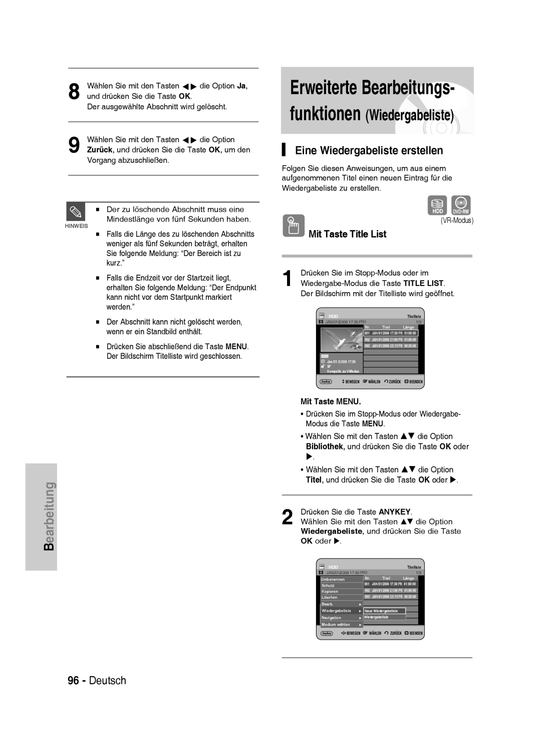 Samsung DVD-HR735/XEG, DVD-HR737/XEG, DVD-HR735/XEB, DVD-HR737/XEB Erweiterte Bearbeitungs, Eine Wiedergabeliste erstellen 