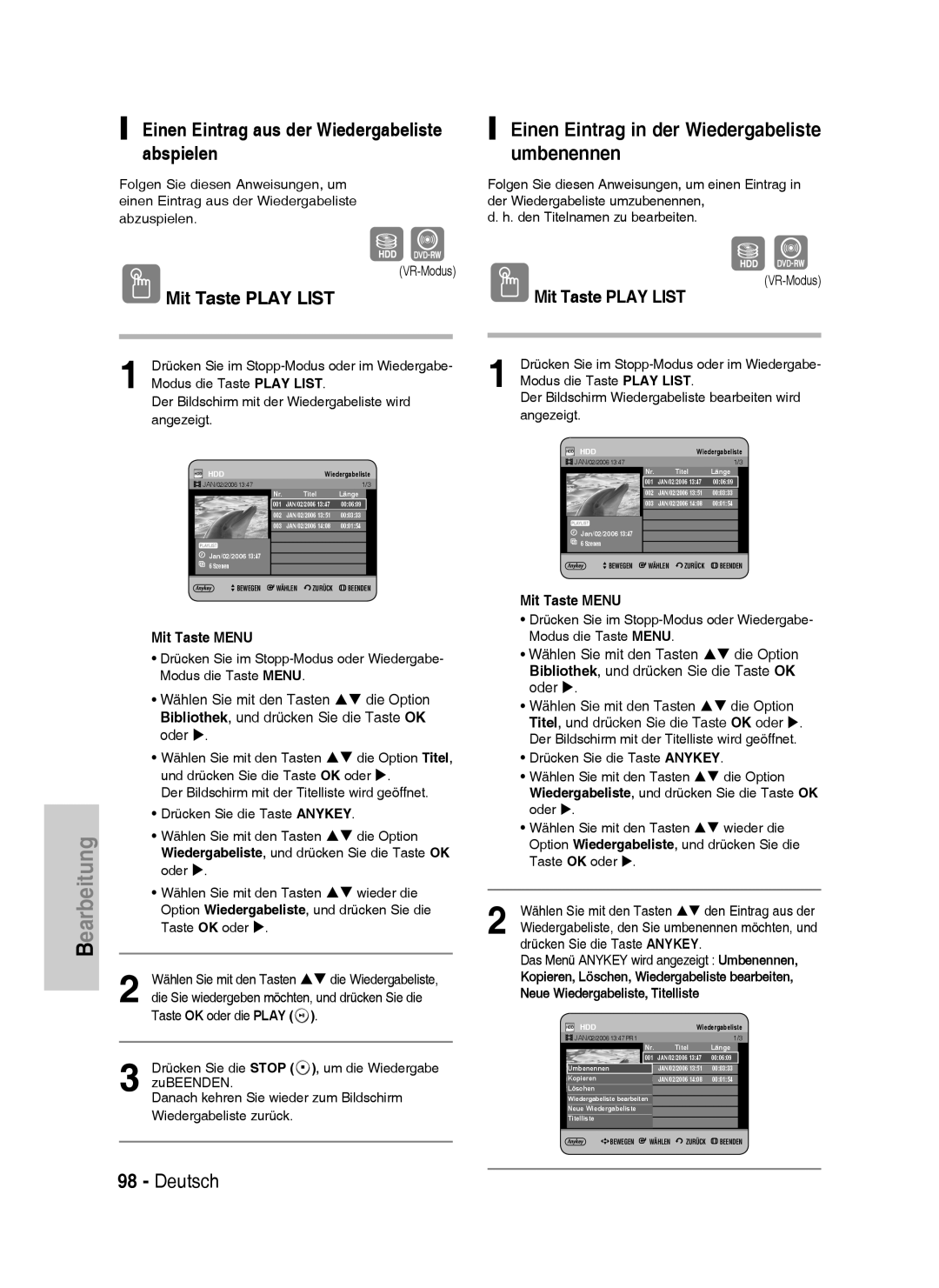 Samsung DVD-HR735/XEB Einen Eintrag aus der Wiedergabeliste abspielen, Einen Eintrag in der Wiedergabeliste umbenennen 