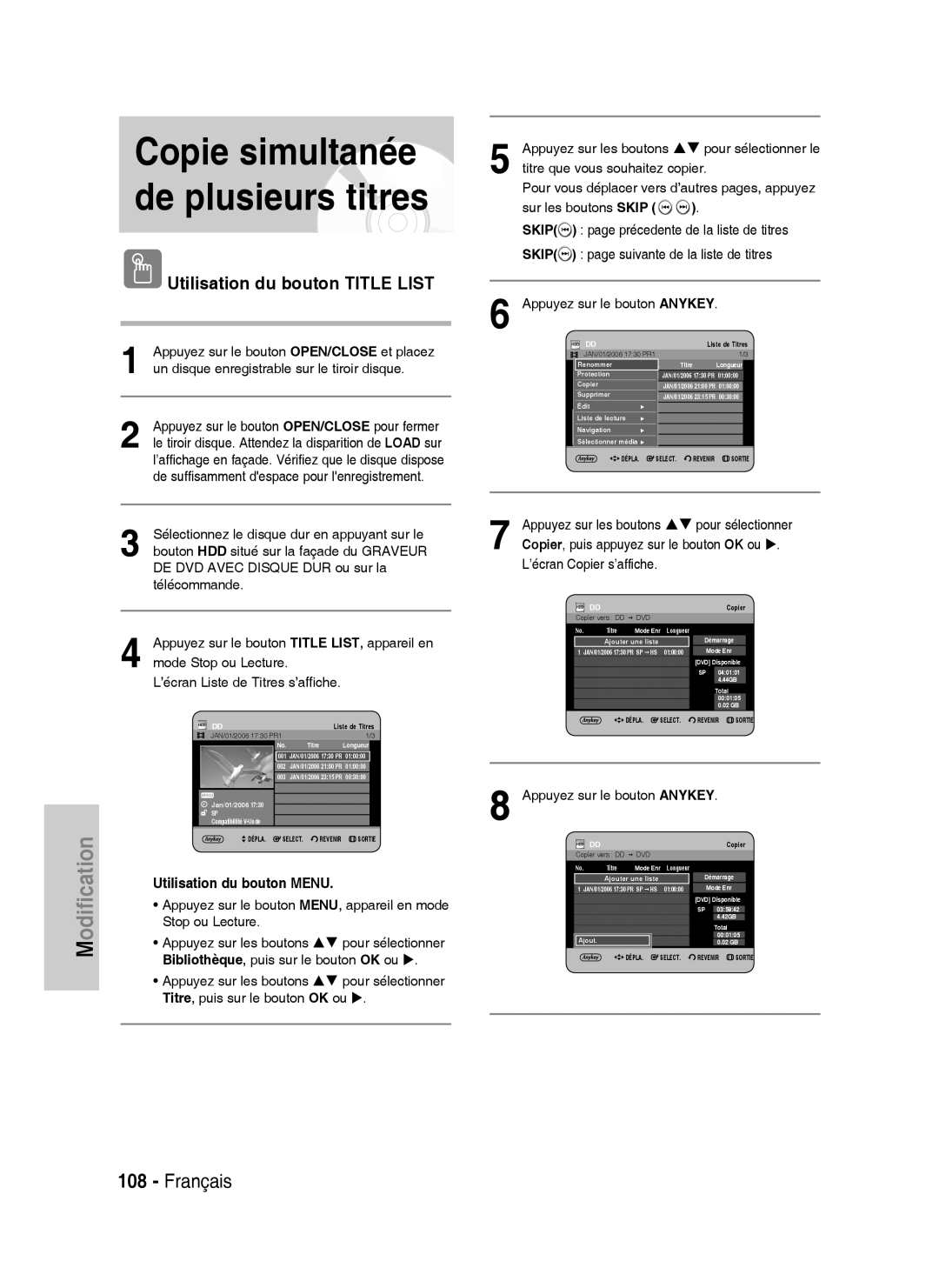 Samsung DVD-HR737/XEF manual Mode Stop ou Lecture ’écran Liste de Titres s’affiche, Précedente de la liste de titres 