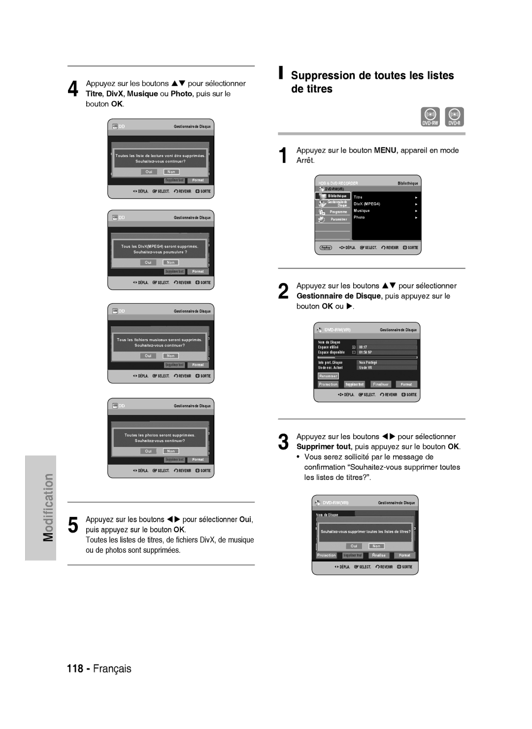 Samsung DVD-HR737/XEF manual Suppression de toutes les listes de titres, Titre, DivX, Musique ou Photo, puis sur le 