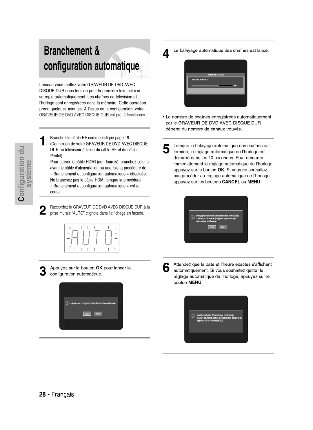 Samsung DVD-HR737/XEF Branchez le câble RF comme indiqué, DUR au téléviseur à l’aide du câble RF et du câble, Péritel 