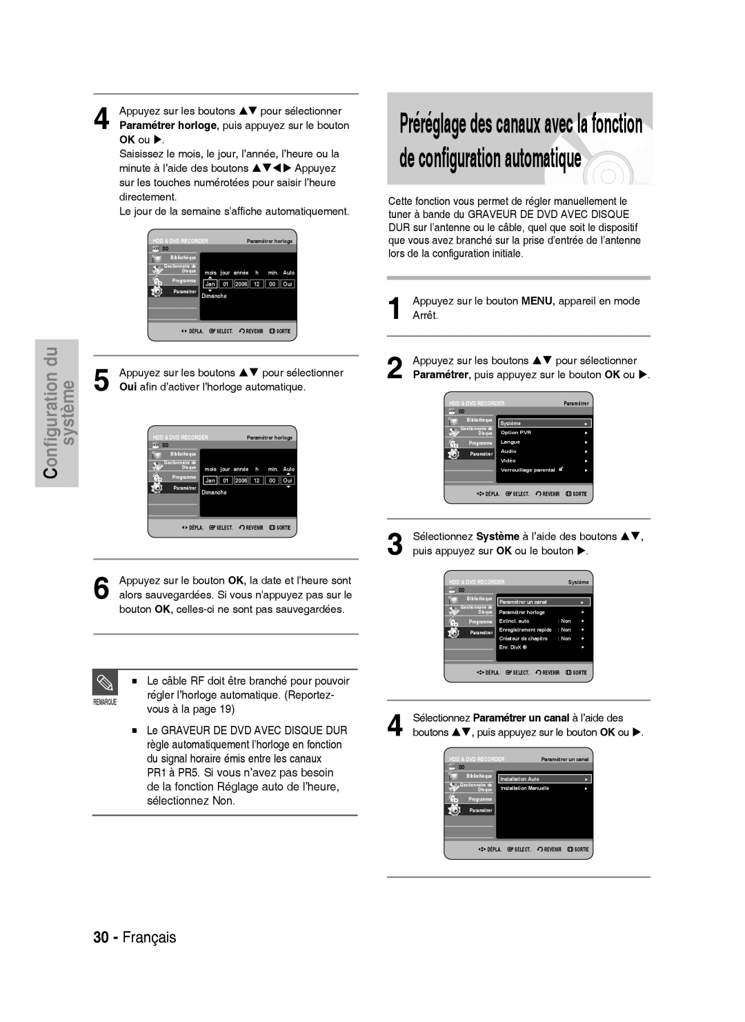 Samsung DVD-HR737/XEF manual Le câble RF doit être branché pour pouvoir, Régler l’horloge automatique. Reportez, Vous à la 