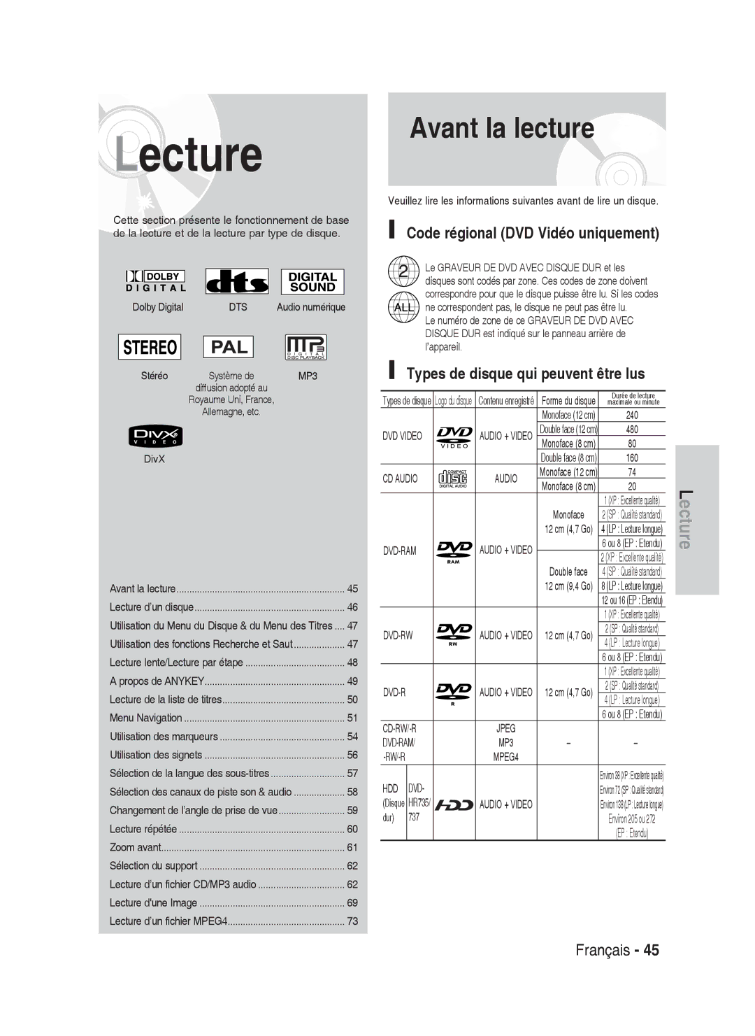 Samsung DVD-HR735/XEF Avant la lecture, Code régional DVD Vidéo uniquement, Types de disque qui peuvent être lus, Dur 737 