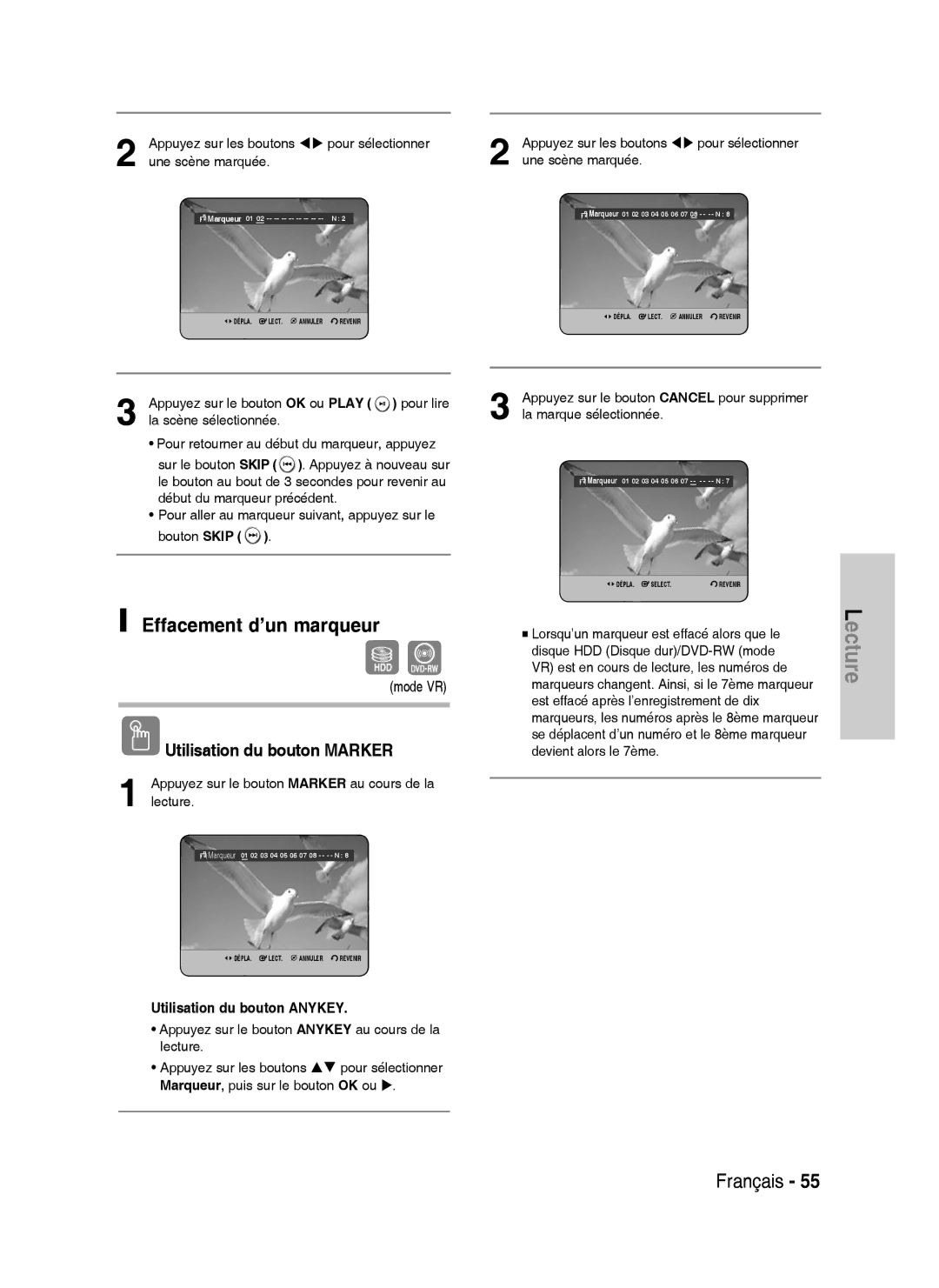 Samsung DVD-HR735/XEF manual Effacement d’un marqueur, Une scène marquée, Appuyez sur le bouton OK ou Play Pour lire 