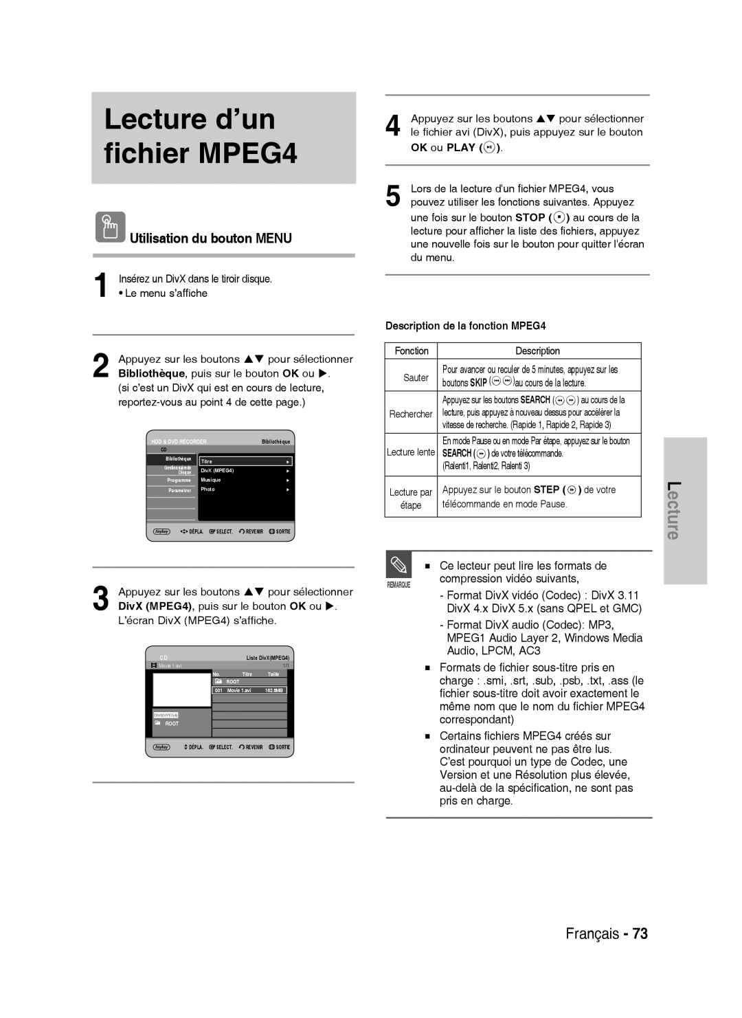 Samsung DVD-HR735/XEF Lecture d’un fichier MPEG4, Utilisation du bouton Menu, OK ou Play, Description de la fonction MPEG4 