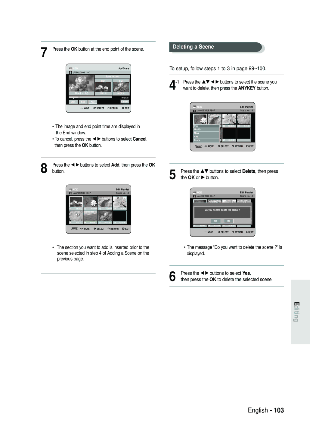 Samsung DVD-HR735/XEH, DVD-HR737/XEH manual Deleting a Scene 