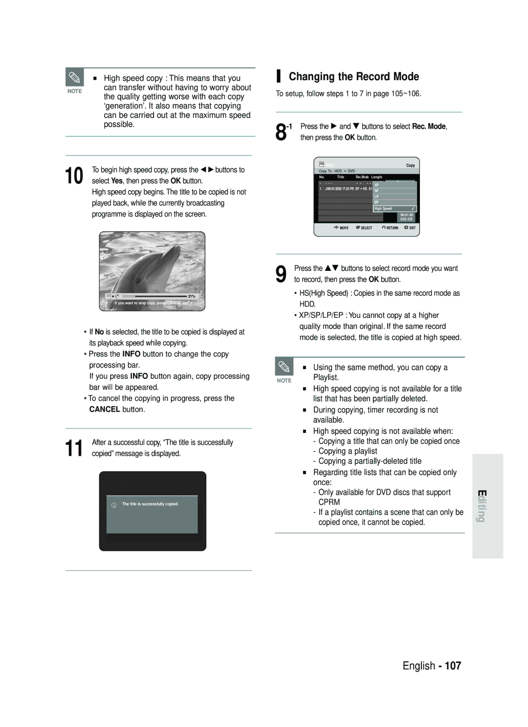 Samsung DVD-HR735/XEH, DVD-HR737/XEH manual Changing the Record Mode 