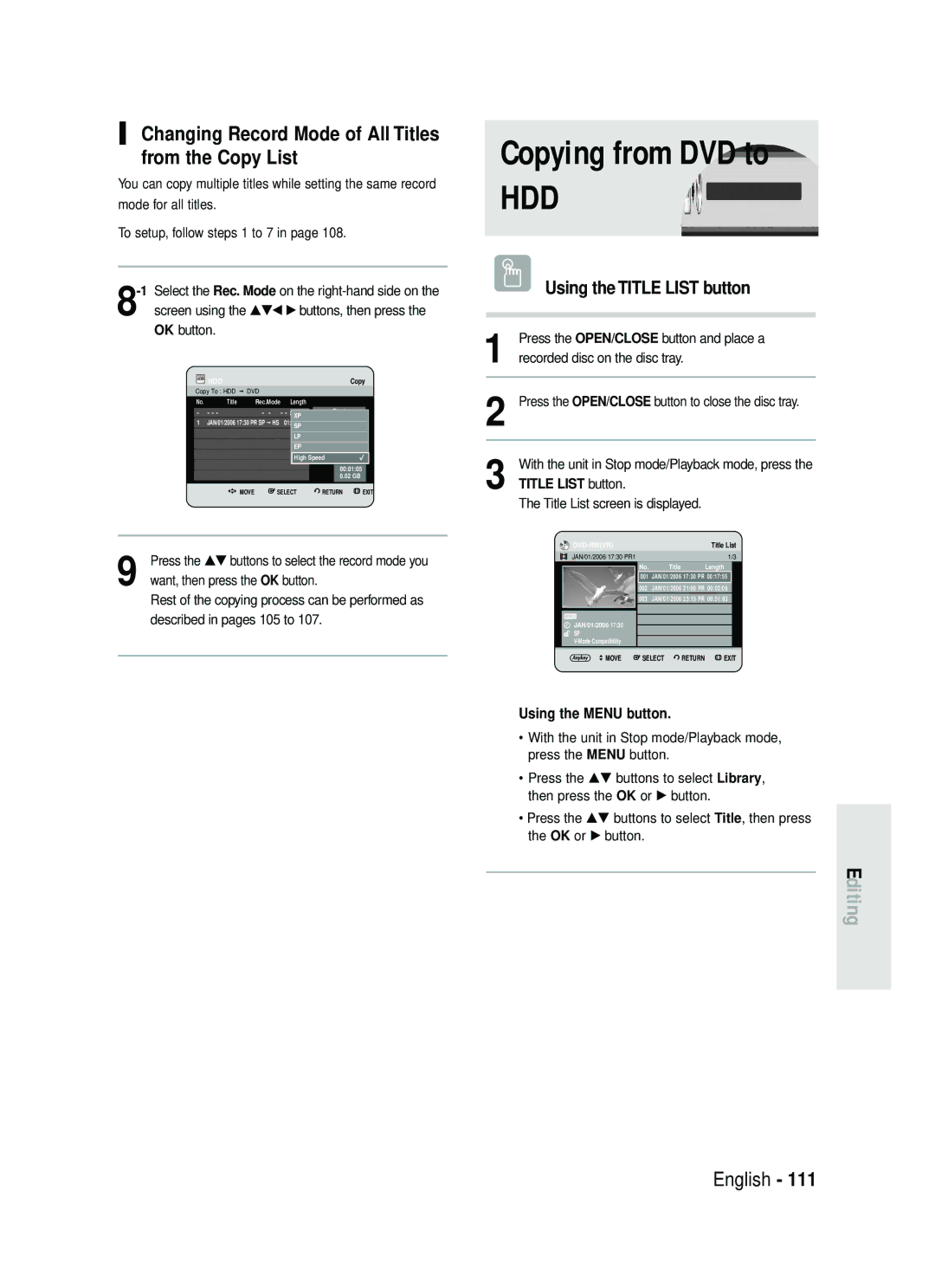 Samsung DVD-HR735/XEH, DVD-HR737/XEH manual Copying from DVD to, Changing Record Mode of All Titles from the Copy List 