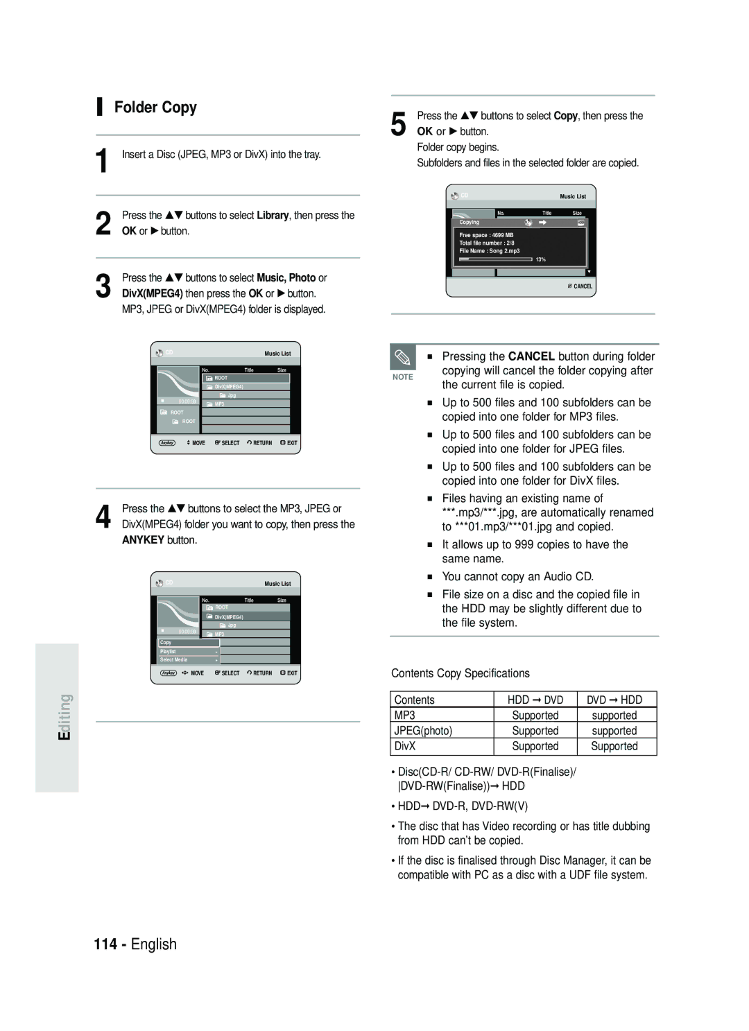 Samsung DVD-HR737/XEH, DVD-HR735/XEH manual Folder Copy, Pressing the Cancel button during folder 