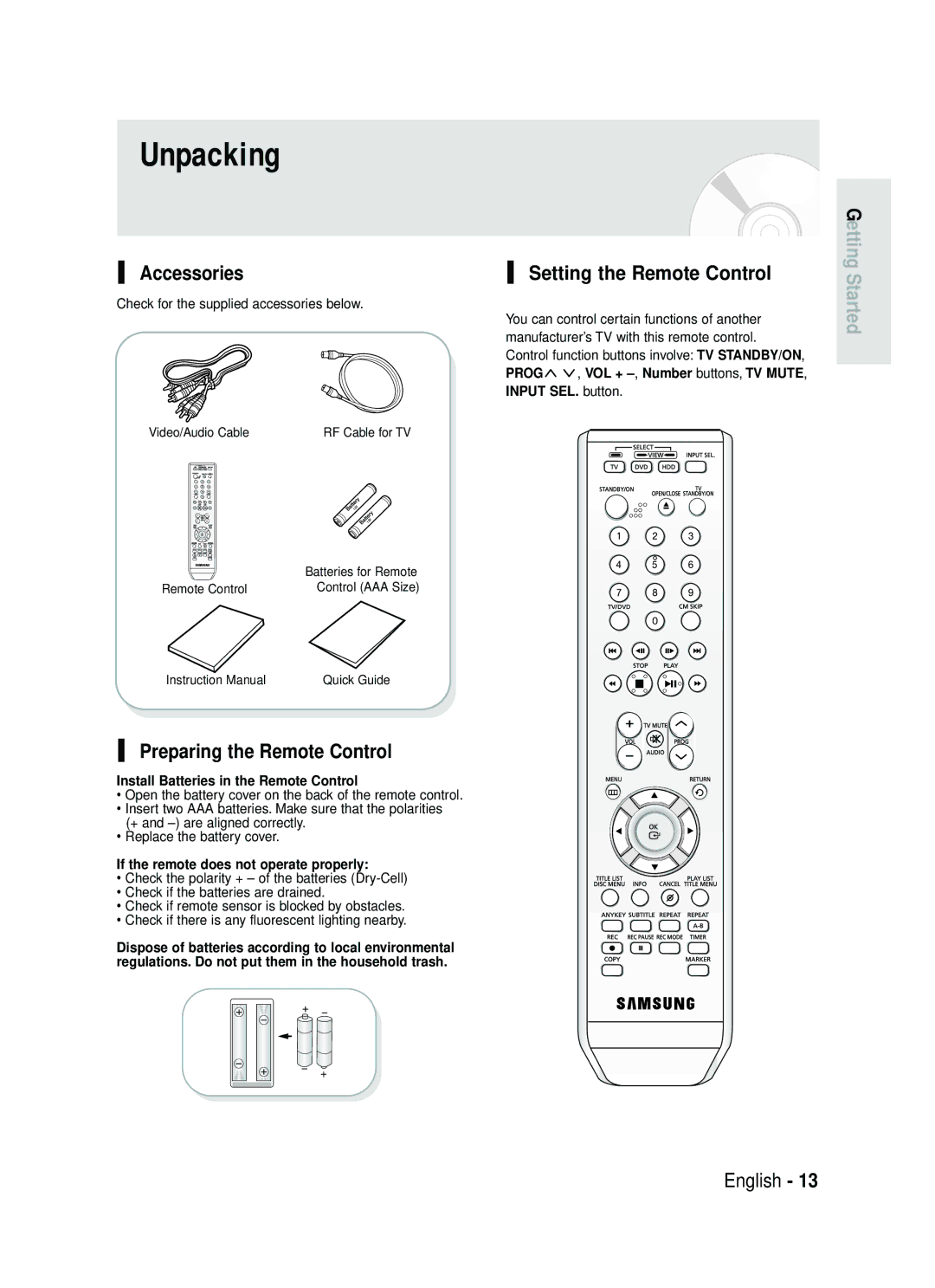 Samsung DVD-HR735/XEH, DVD-HR737/XEH manual Unpacking, Accessories, Preparing the Remote Control, Setting the Remote Control 