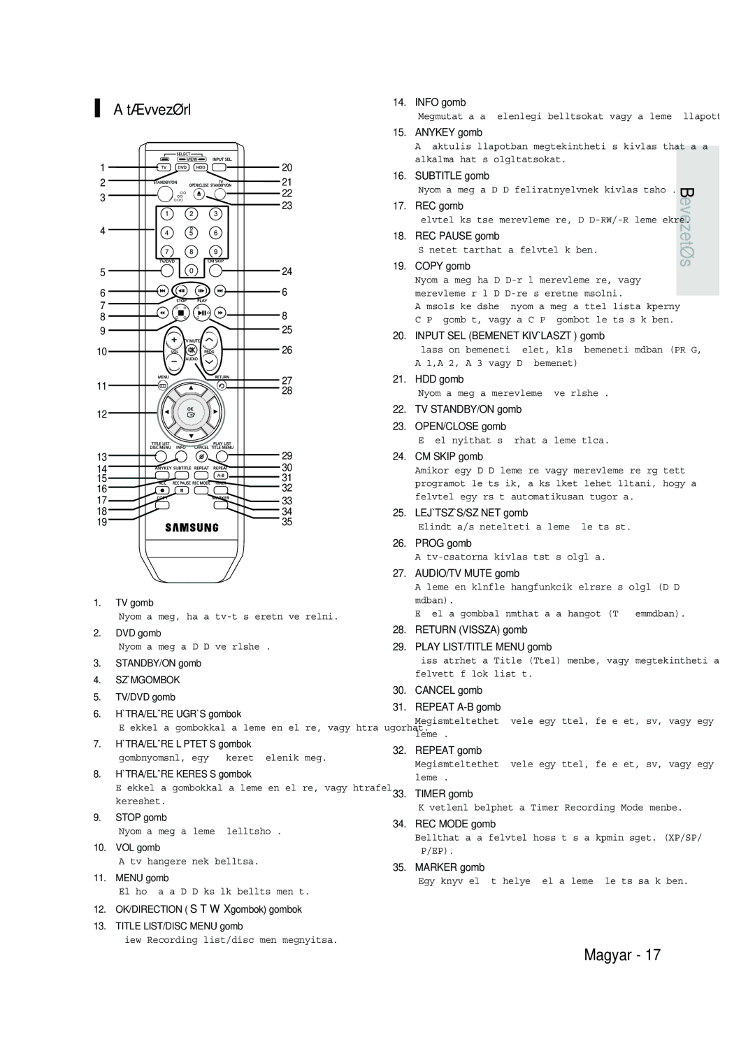 Samsung DVD-HR737/XEH, DVD-HR735/XEH manual TávvezérlŒ 