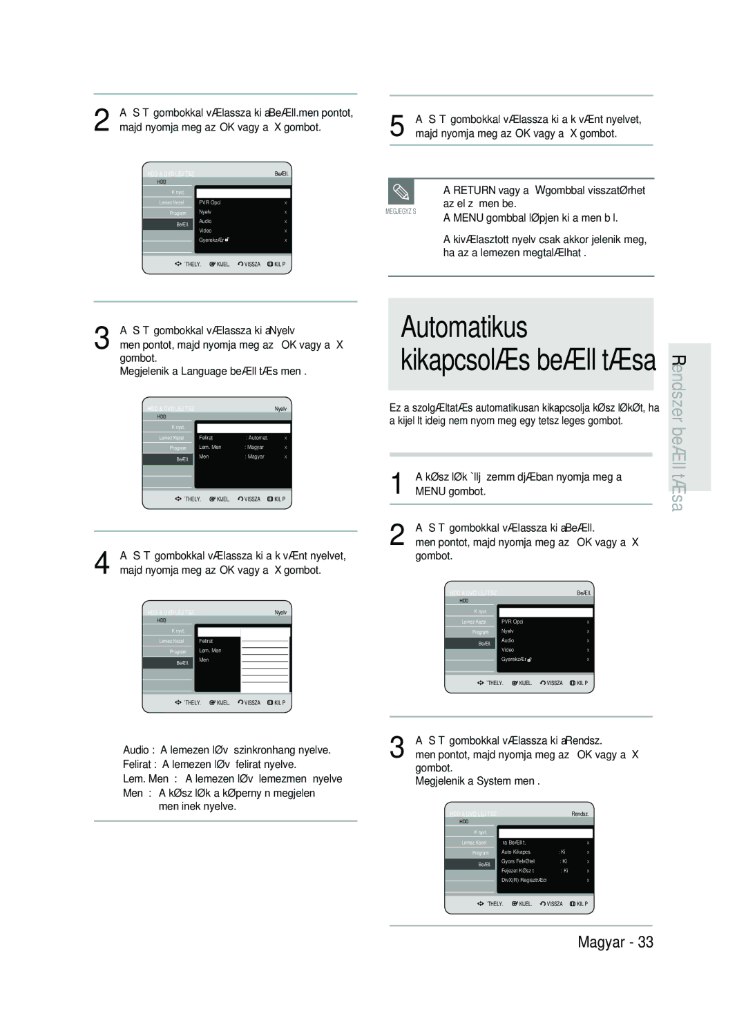 Samsung DVD-HR737/XEH, DVD-HR735/XEH manual Gombokkal válassza ki a Rendsz, Gombot Megjelenik a System menü 