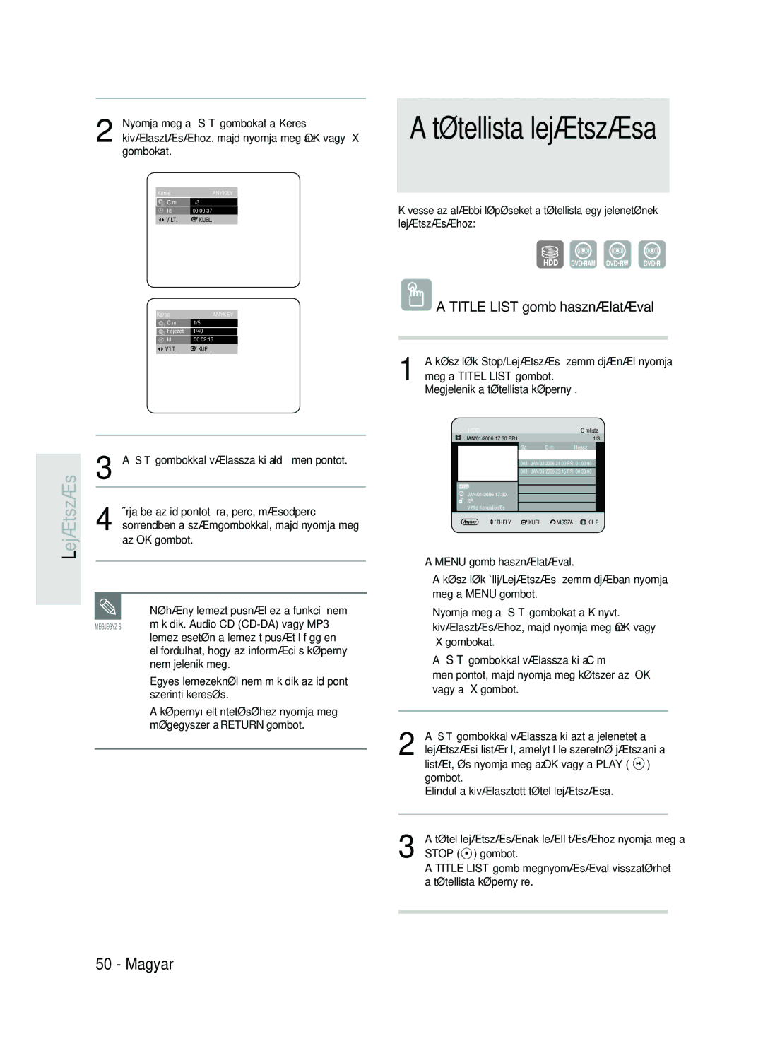 Samsung DVD-HR735/XEH, DVD-HR737/XEH manual Tétellista lejátszása, Menu gomb használatával, Stop gombot 