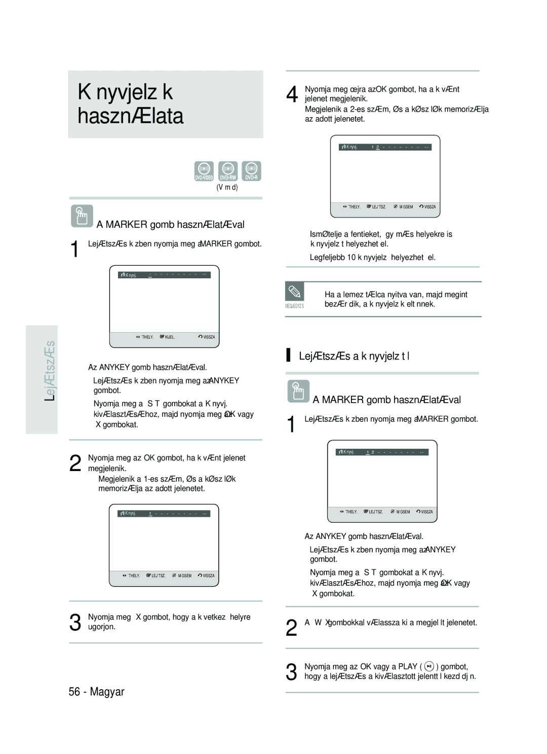 Samsung DVD-HR735/XEH, DVD-HR737/XEH manual KönyvjelzŒk Használata, Lejátszás a könyvjelzŒtŒl 