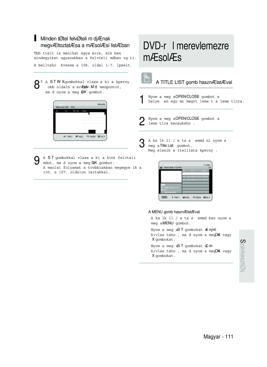 Samsung DVD-HR737/XEH, DVD-HR735/XEH manual Majd nyomja meg az OK gombot, Meg a Title List gombot 