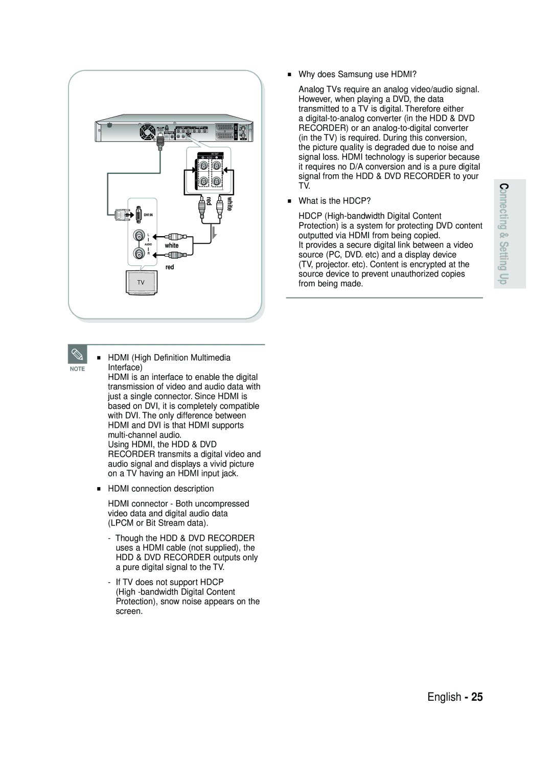 Samsung DVD-HR735/XEH manual Why does Samsung use HDMI?, Hdmi High Definition Multimedia, Hdmi connection description 