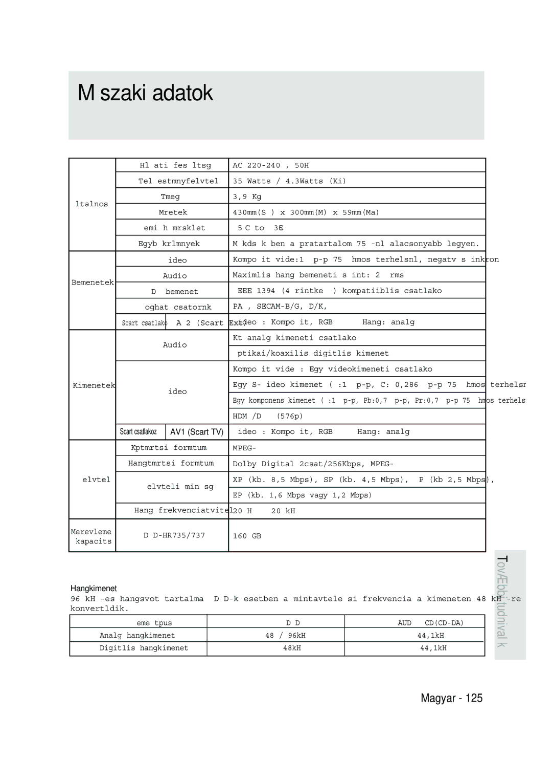 Samsung DVD-HR737/XEH, DVD-HR735/XEH manual Mıszaki adatok, Hangkimenet 