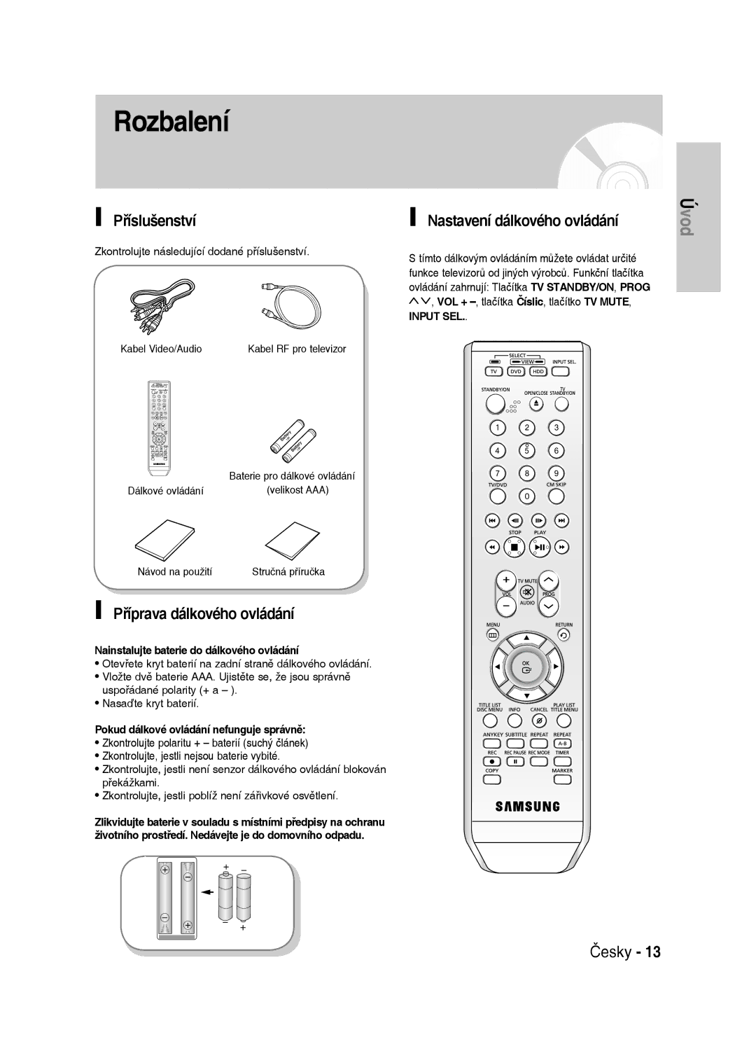 Samsung DVD-HR735/XEH, DVD-HR737/XEH Rozbalení, Příslušenství, Příprava dálkového ovládání, Nastavení dálkového ovládání 