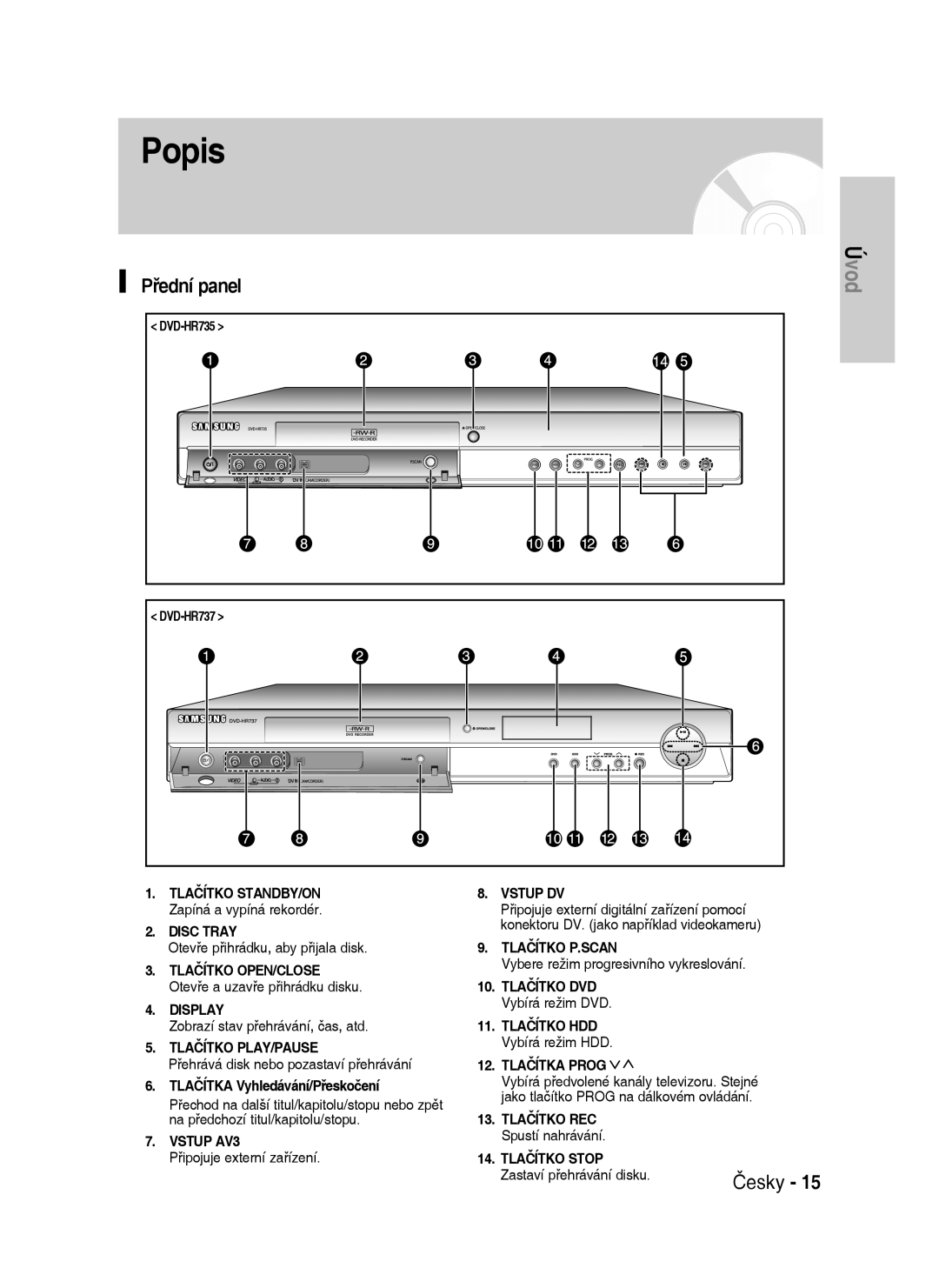 Samsung DVD-HR735/XEH, DVD-HR737/XEH manual Přední panel, Tlačítka Vyhledávání/Přeskočení 