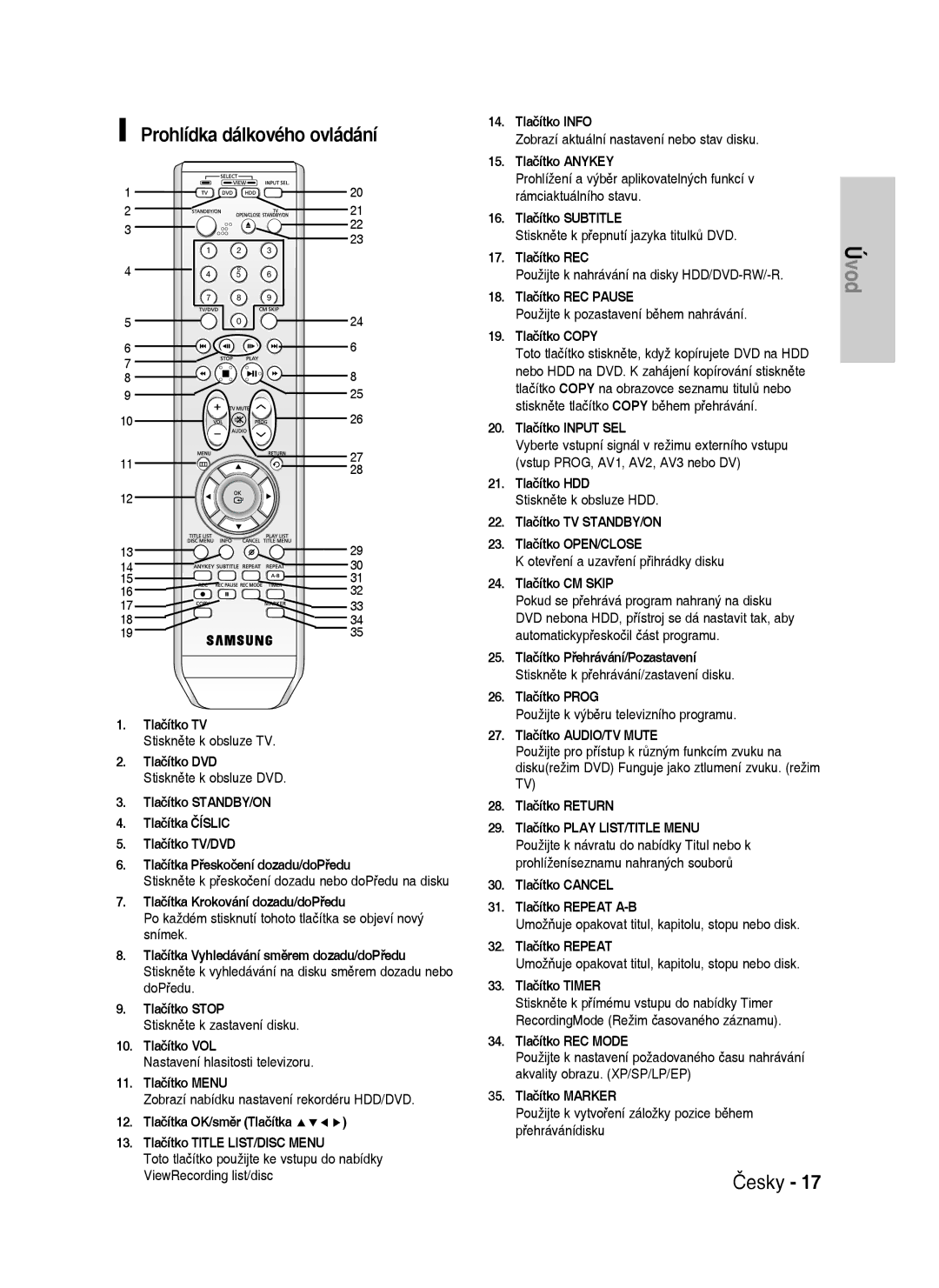 Samsung DVD-HR735/XEH, DVD-HR737/XEH manual Prohlídka dálkového ovládání 