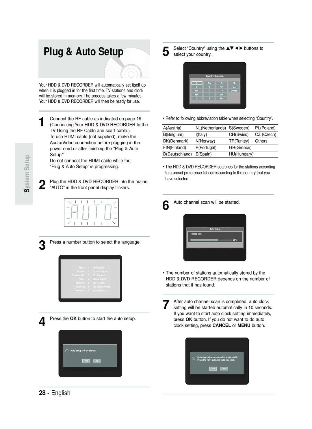 Samsung DVD-HR737/XEH, DVD-HR735/XEH Plug & Auto Setup, Select Country using the …† œ √ buttons to, Select your country 