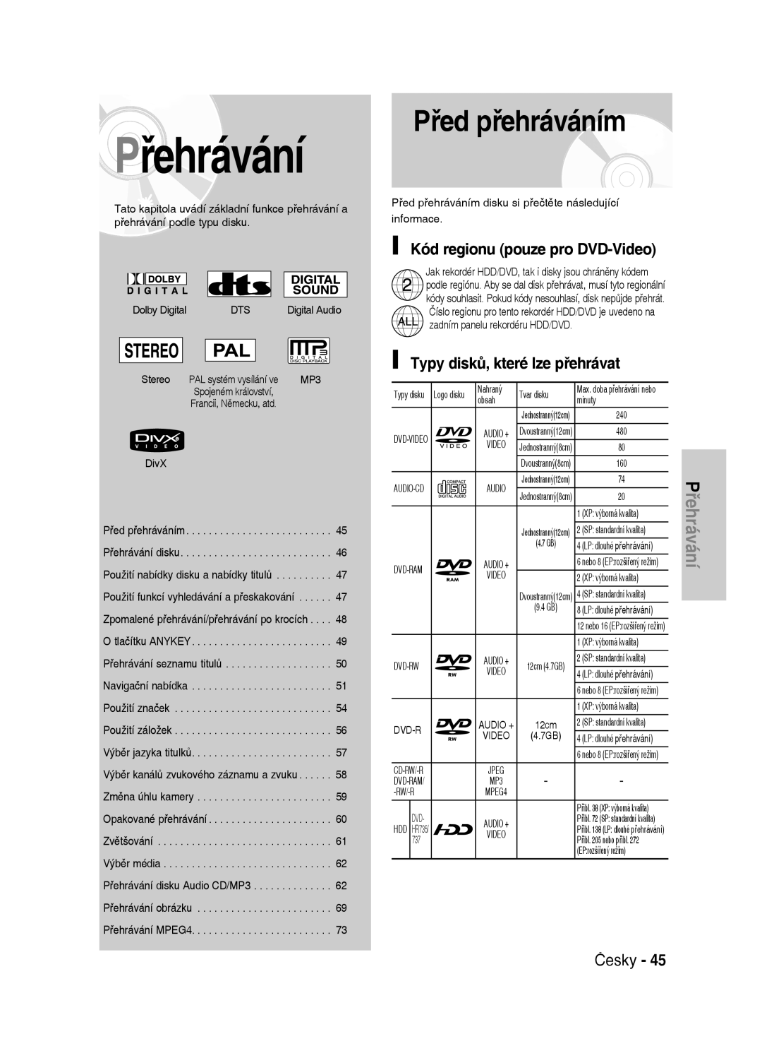 Samsung DVD-HR735/XEH, DVD-HR737/XEH Před přehráváním, Kód regionu pouze pro DVD-Video, Typy disků, které lze přehrávat 