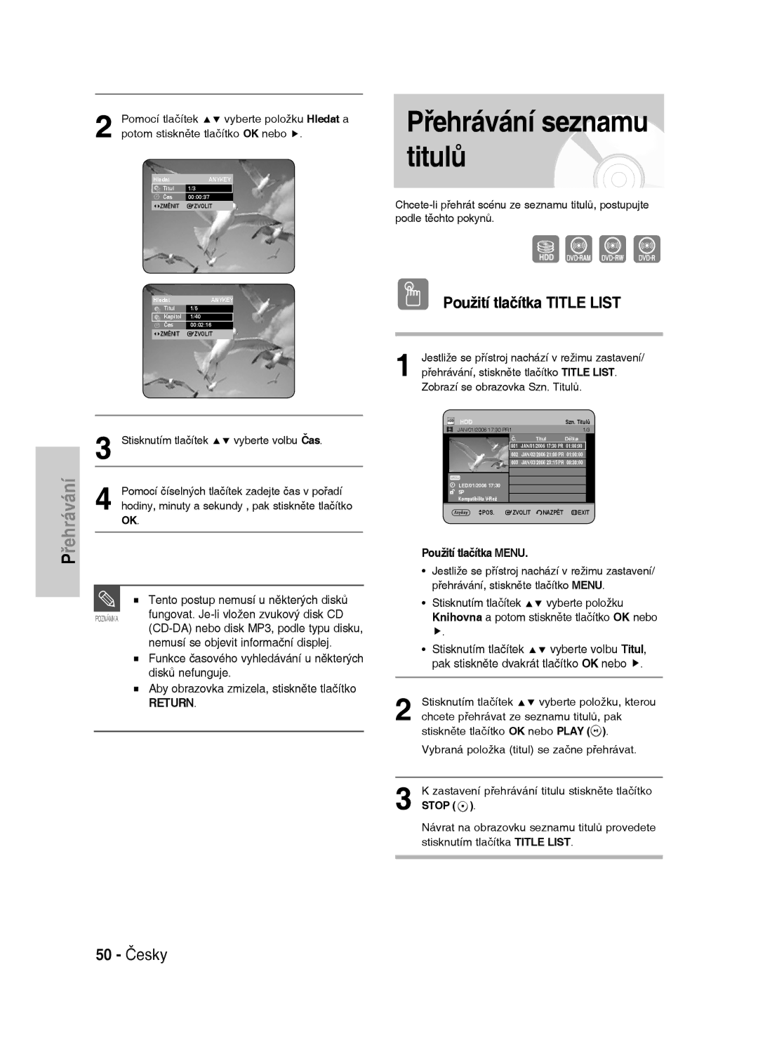 Samsung DVD-HR737/XEH manual Přehrávání seznamu titulů, Použití tlačítka Title List, 50 Česky, Použití tlačítka Menu 