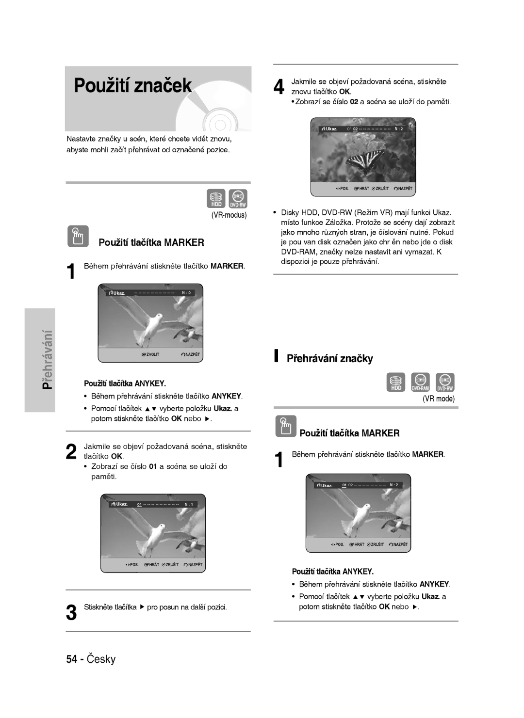 Samsung DVD-HR737/XEH manual Použití značek, Přehrávání značky, 54 Česky, Použití tlačítka Marker, Použití tlačítka Anykey 