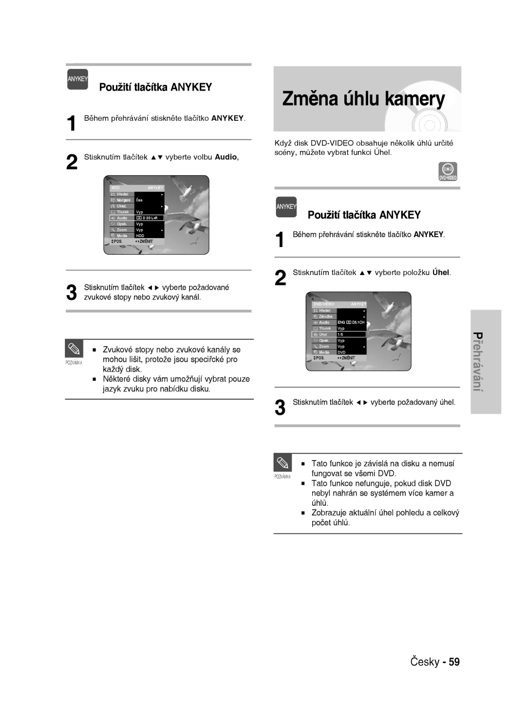 Samsung DVD-HR735/XEH Změna úhlu kamery, Zvukové stopy nebo zvukové kanály se, Tato funkce je závislá na disku a nemusí 