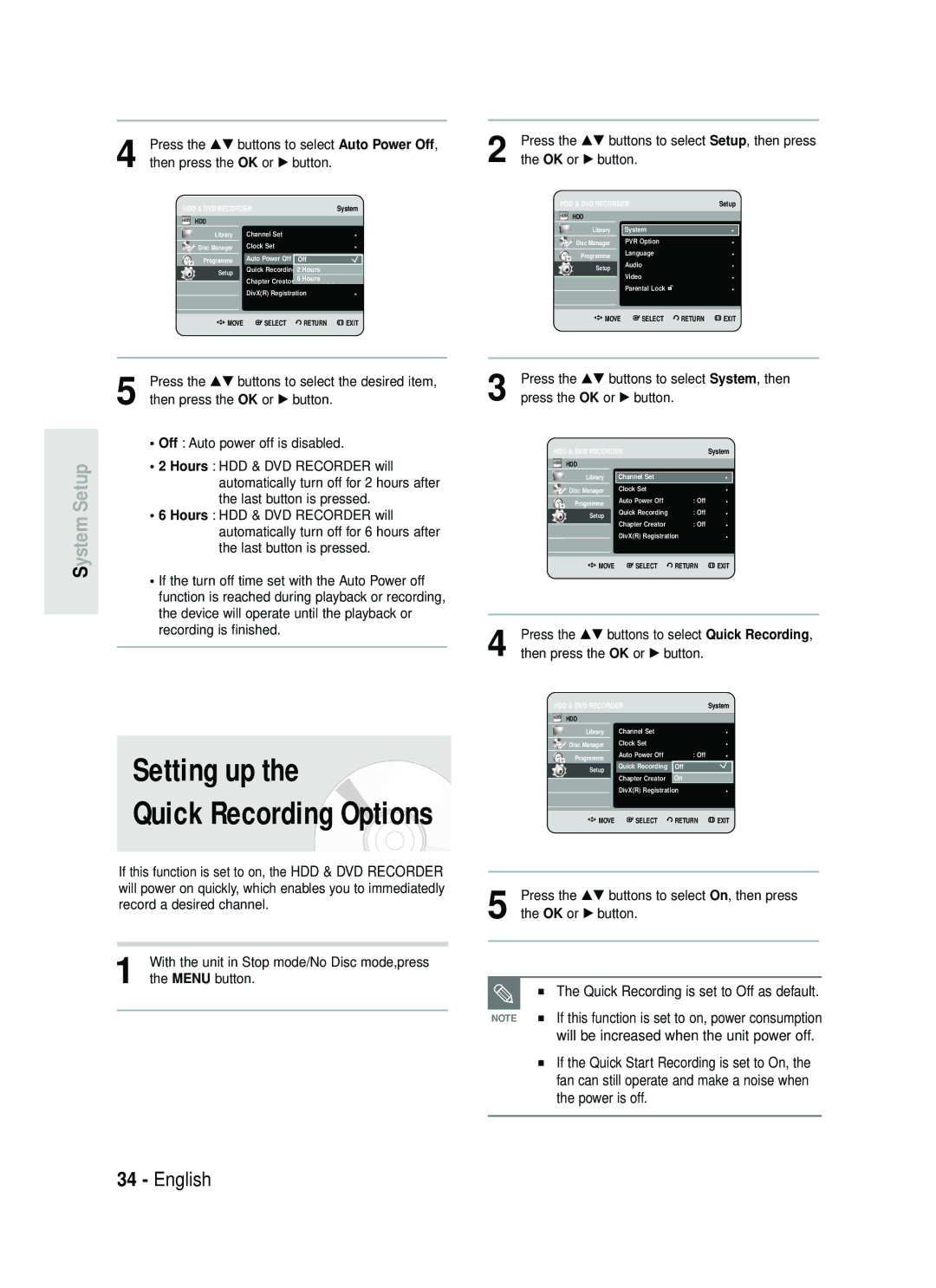 Samsung DVD-HR737/XEH, DVD-HR735/XEH Setting up, Press the …† buttons to select System, then, Press the OK or √ button 