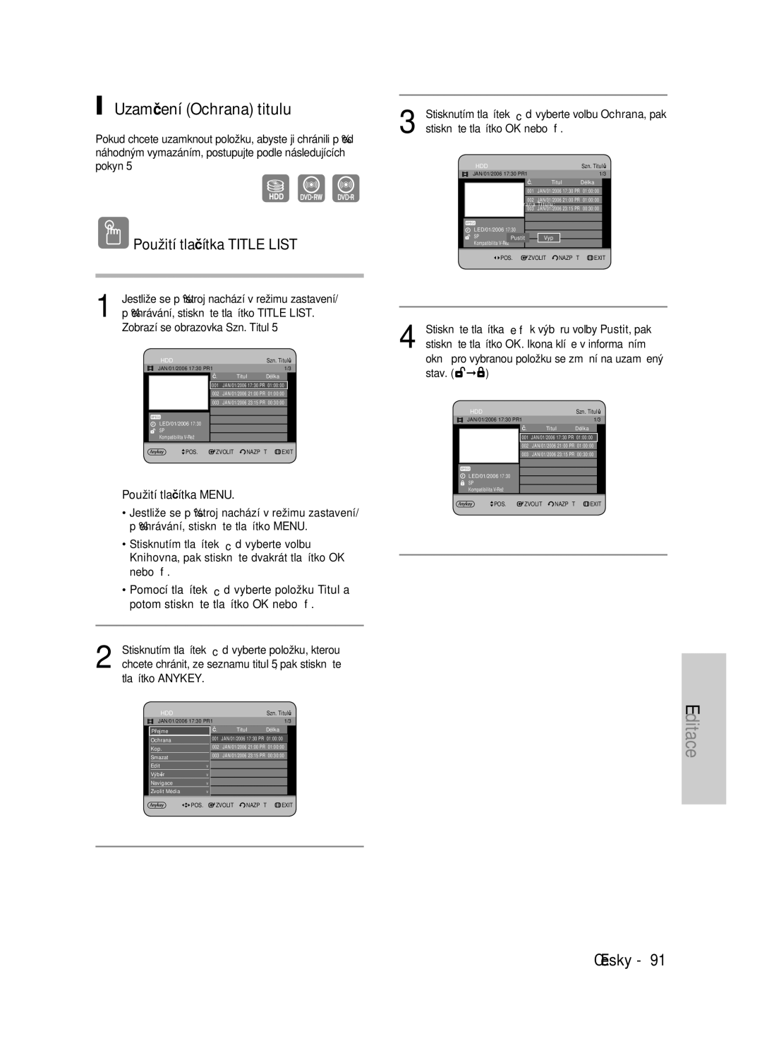 Samsung DVD-HR735/XEH, DVD-HR737/XEH manual Uzamčení Ochrana titulu, SPPustit Vyp 